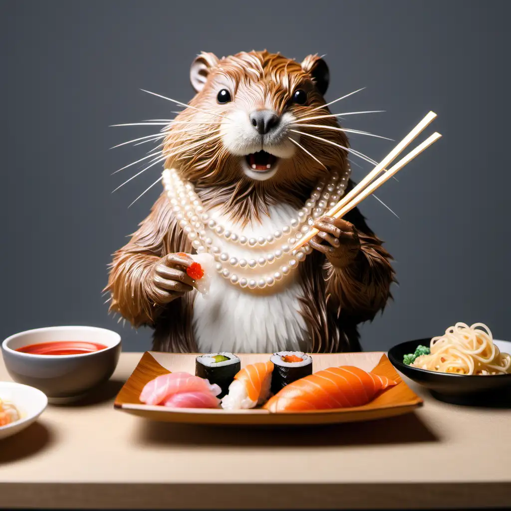 beaver wearing a white pearls necklace, eating sushi roll, ramen noodle on the table