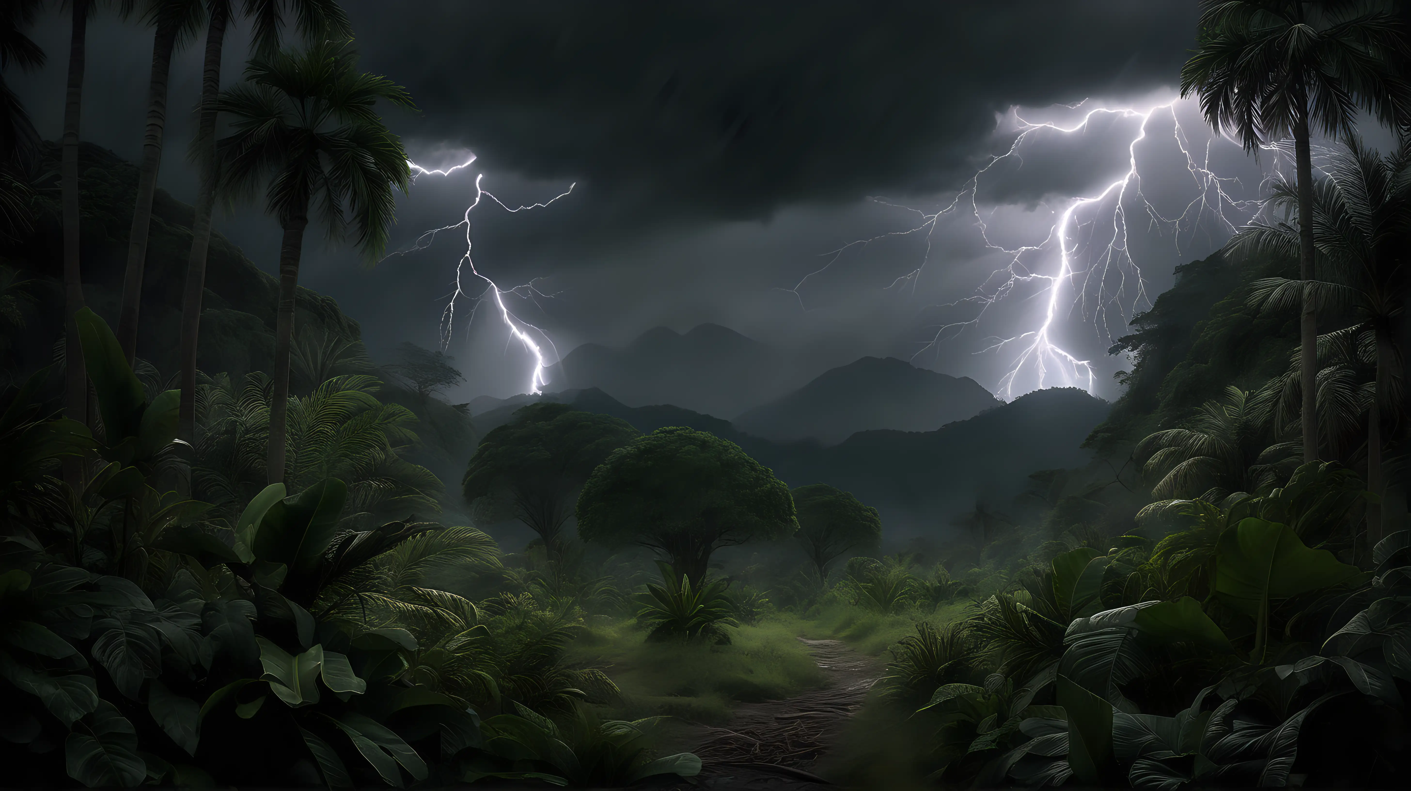 no person, harsh jungle, dark, gloomy, lightening strikes in the background, chiaroscuro enhancing the intricate details, in a digital Rendering “v6”