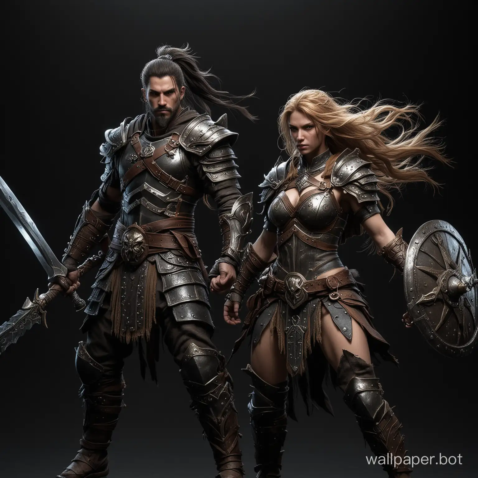 depicts two fantasy warriors against a black background