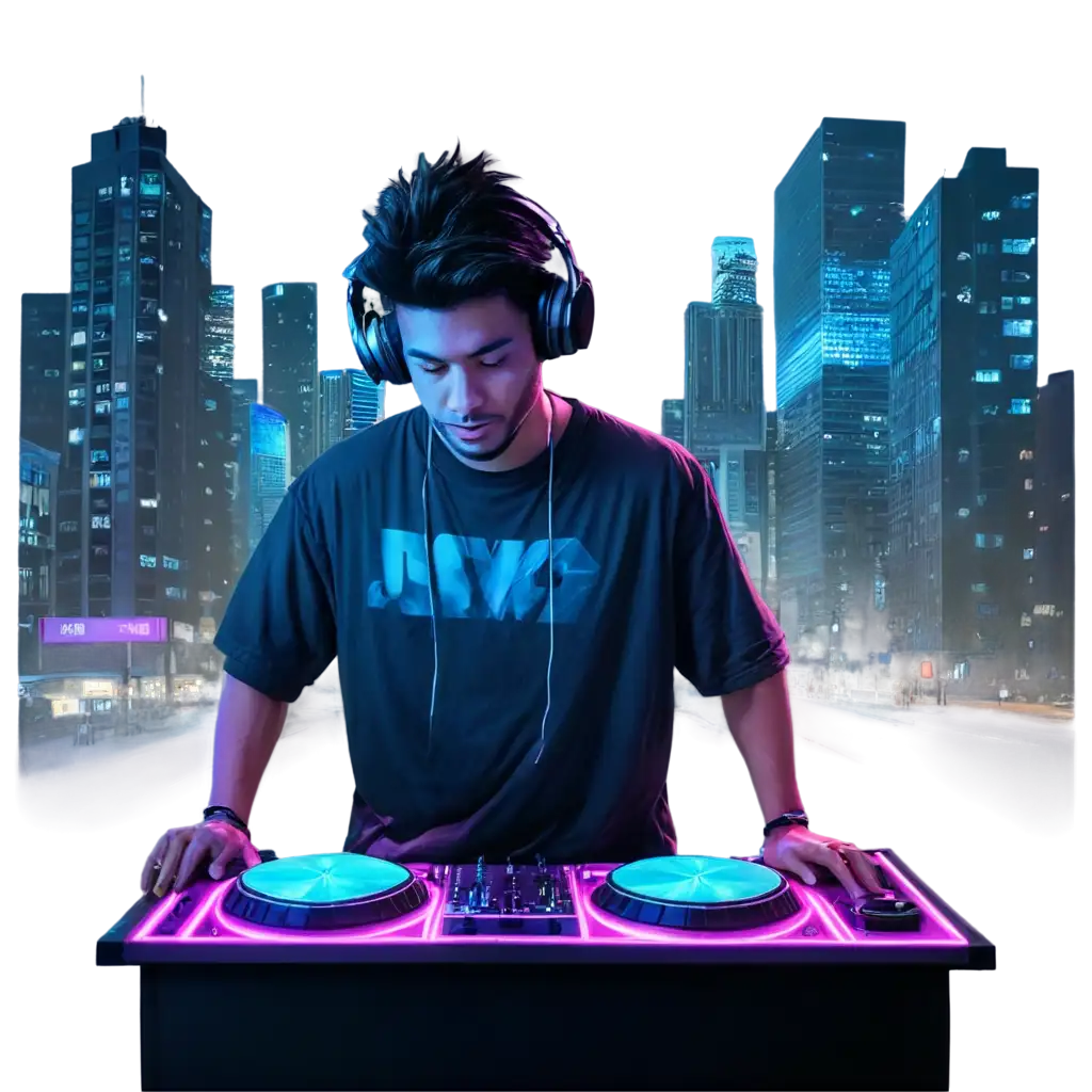 A DJ in a neon city, with buildings and streets pulsating to the beat, turning the urban landscape into a living, breathing dance floor. with light color background for t-shirt design