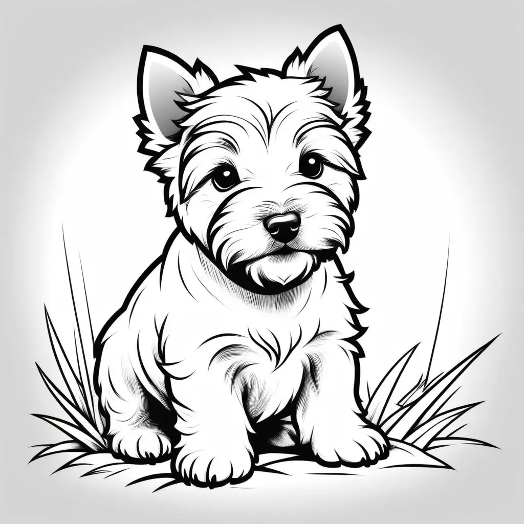 simple black and white line art of a West Highland White Terriers puppy for a kids coloring book --ar 3:2 --s 10