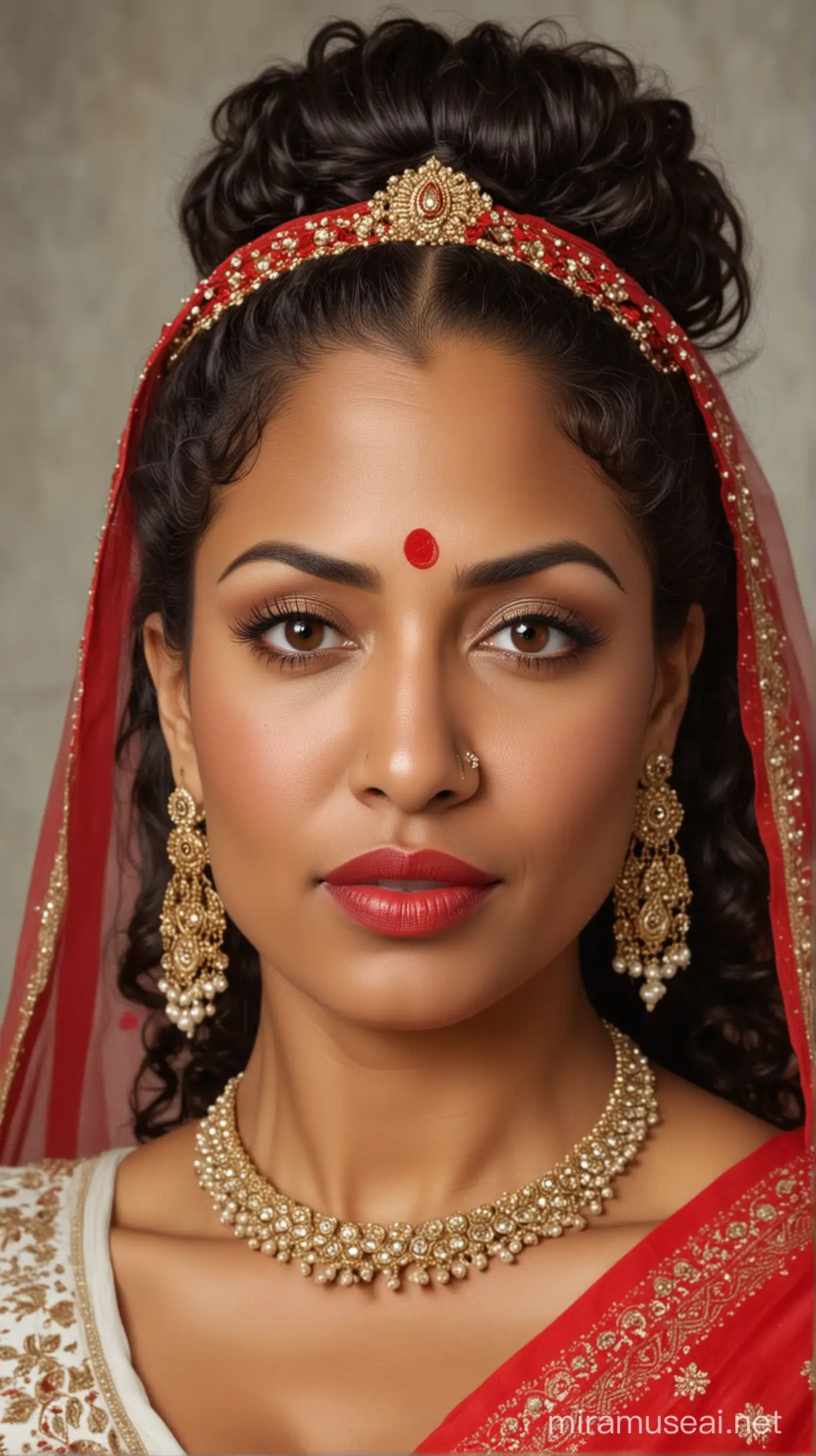 A 52 years old black woman with small eyes, straight nose, weak chin, small red lips and long curly hair with a bun at back wearing an Indian bridal dress