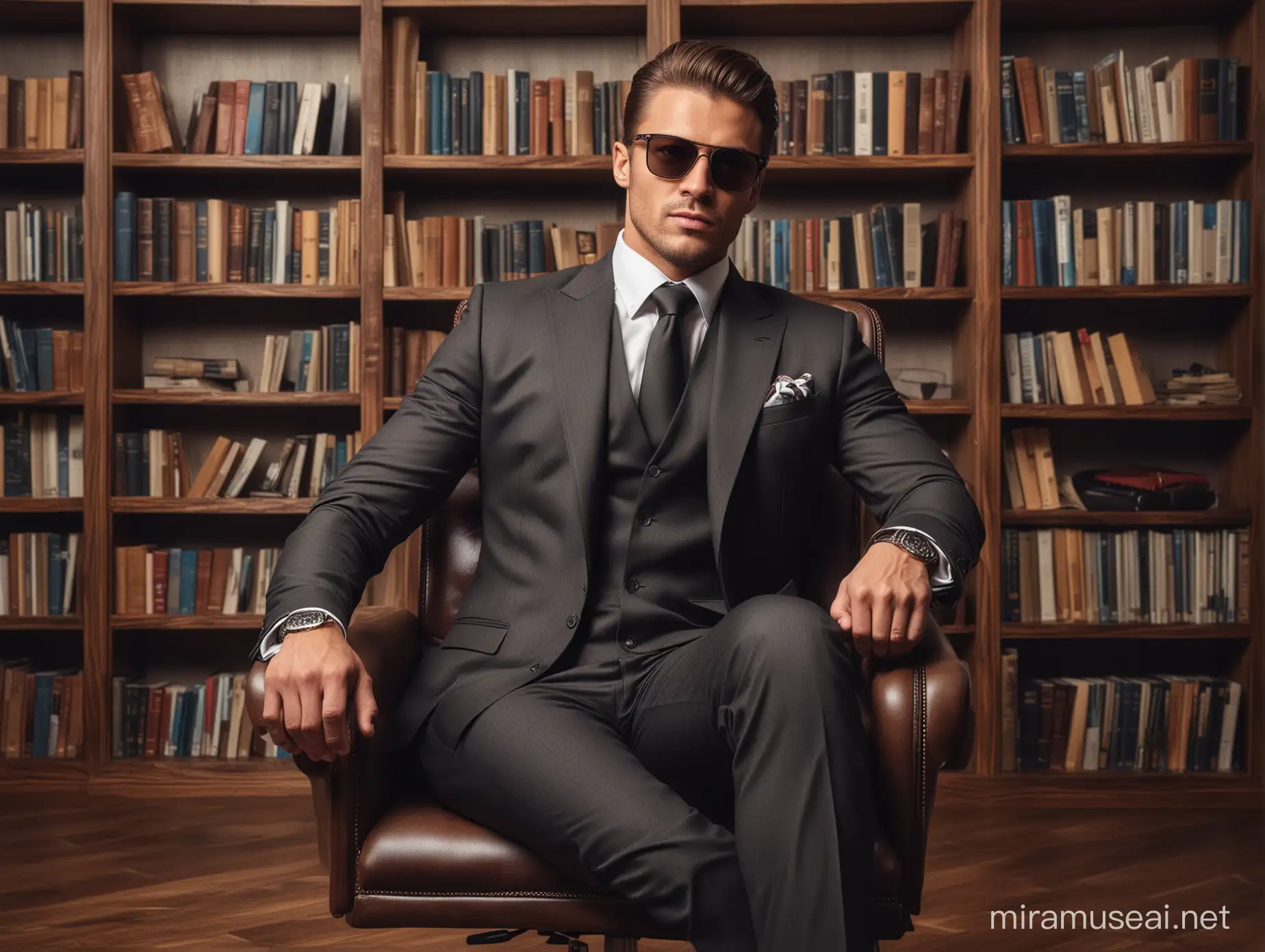 Businessman. winner. rich. style. expensive suit. muscular. office chair. bookshelf background. sunglasses.