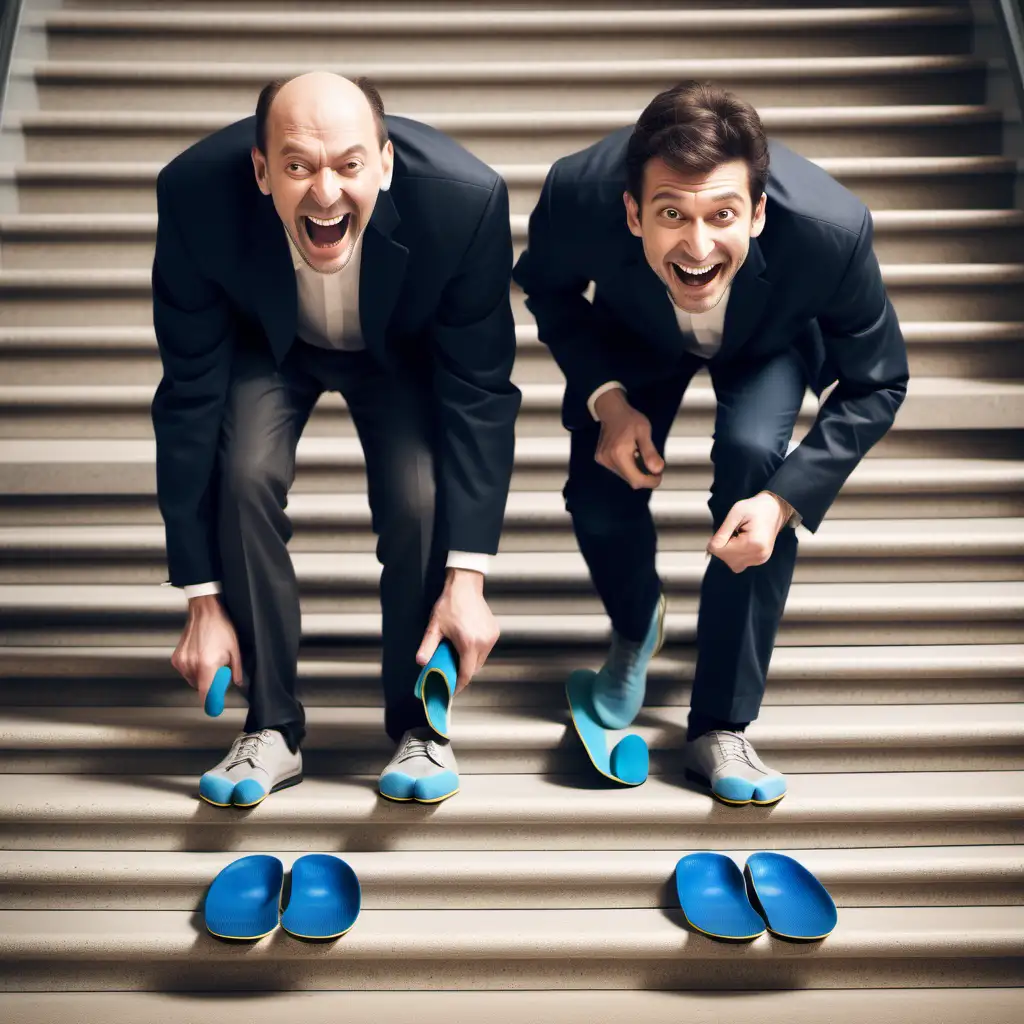 Prompt:A split-image. On one side, a man struggles to climb stairs due pain. On the other side, his twin in Custom Made insoles, glides up effortlessly, with a happy face.
