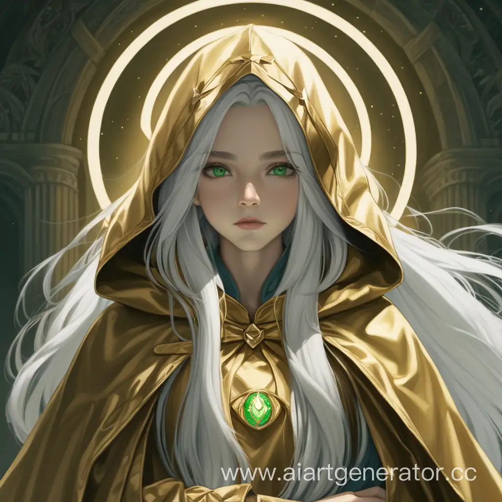 девушка с белыми длинными волосами, строгим взглядом, зелёными глазами и нимбом над головой, в золотой накидке с капюшоном и золотым луком в руках