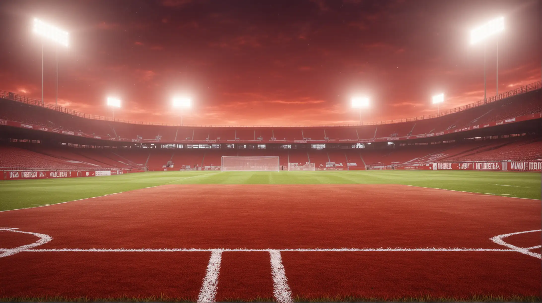 有氛围感的足球场背景，亮红色的色调，逼真，4k高清，