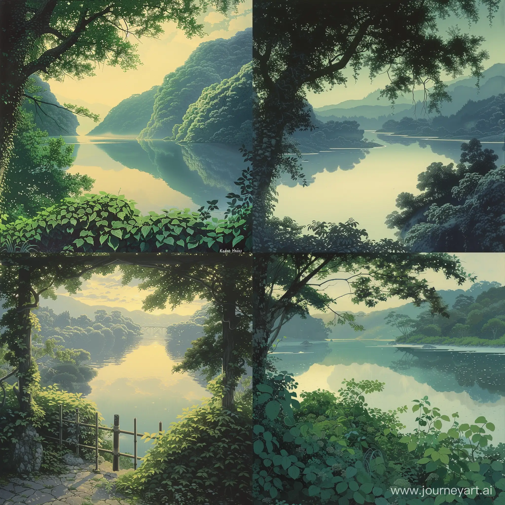 In this stunning artwork titled "Dawn over Lake Shoji" by Kawase Hasui, we are presented with a serene and picturesque scene. The painting depicts a tranquil lake surrounded by lush greenery, with the soft light of dawn illuminating the landscape. The artist skillfully captures the mood and atmosphere of the moment, creating a sense of calmness and harmony. The play of light and shadow adds depth and dimension to the composition, while the delicate brushstrokes and vibrant colors bring the scenery to life. 

