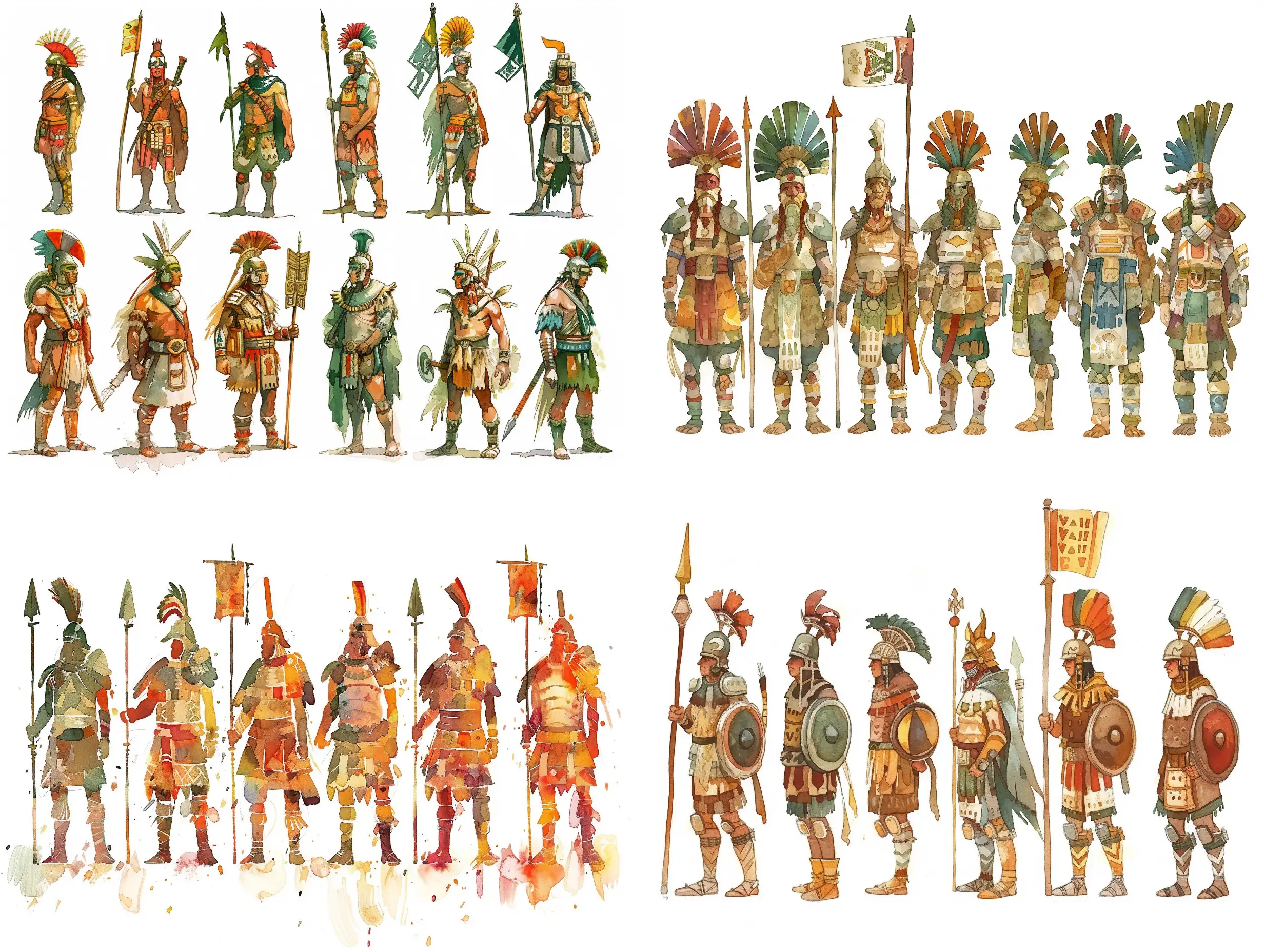 Ancient-Aztec-Warriors-Holding-Flags-Stylized-Watercolor-Illustration-by-Victo-Ngai