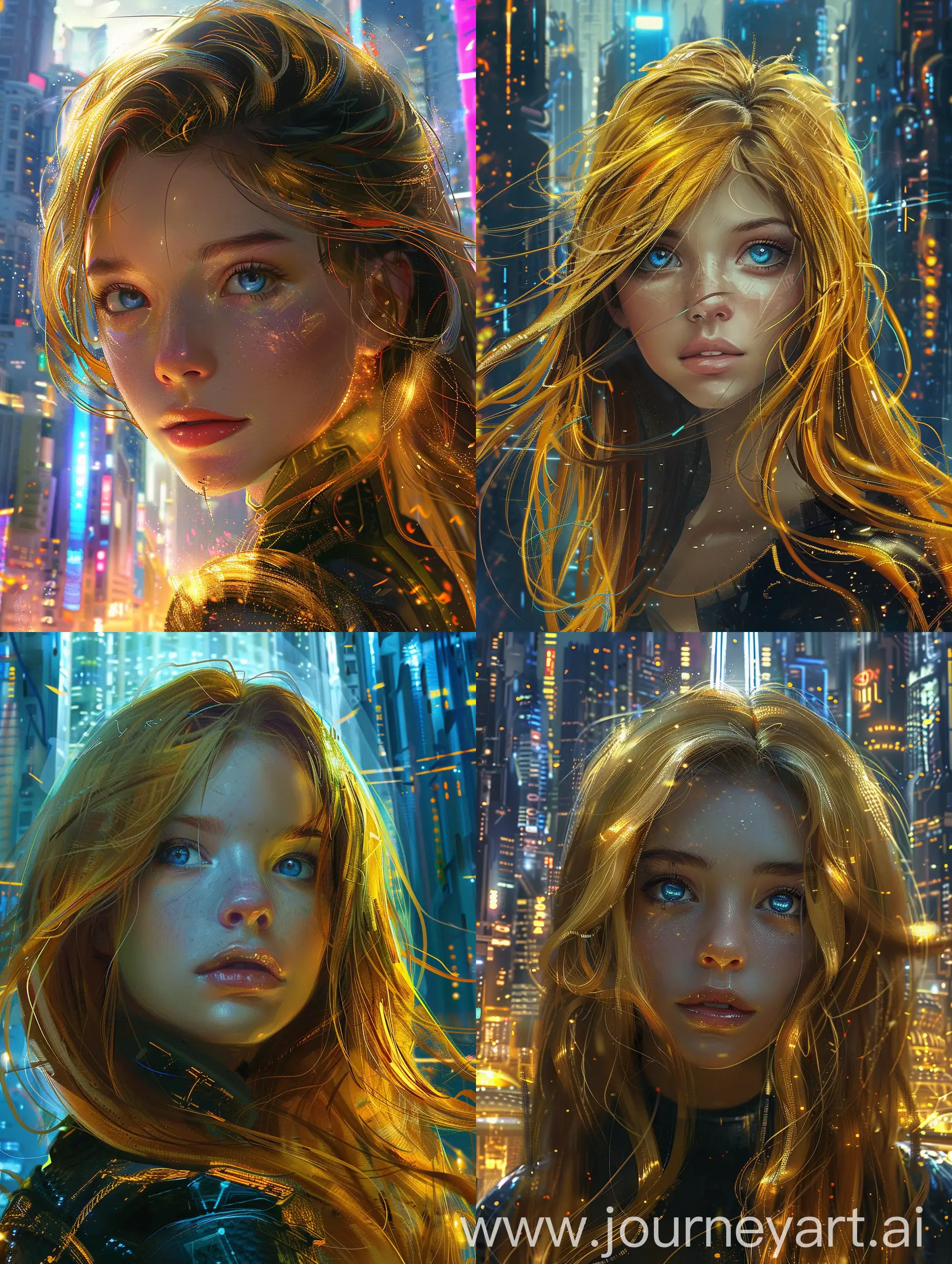 Beautiful girl with hair the color of metallic gold shine against the backdrop of the city of the future, The eyes are blue.