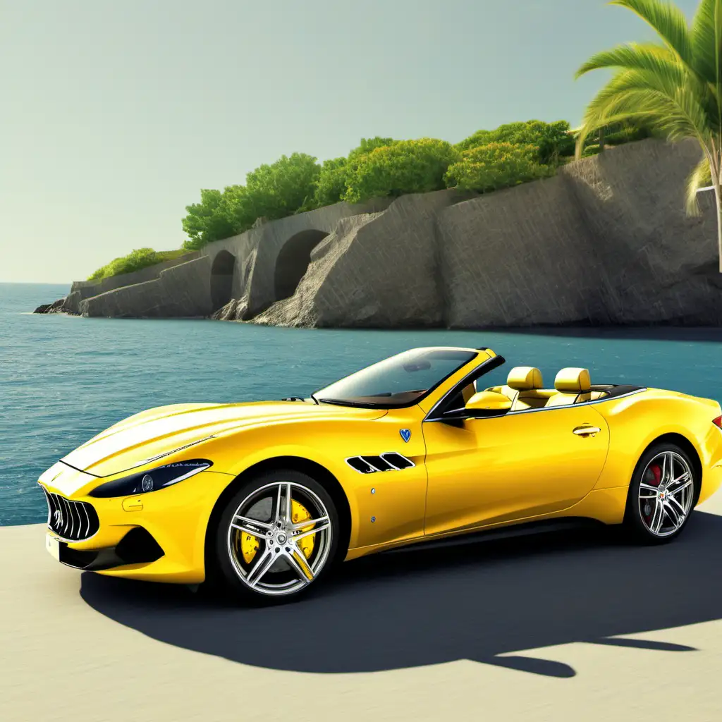 YELLOW CONVERTIBLE 2023 MASERATTI PARKED NEAR THE SEA TROPICAL SURROUNDING 