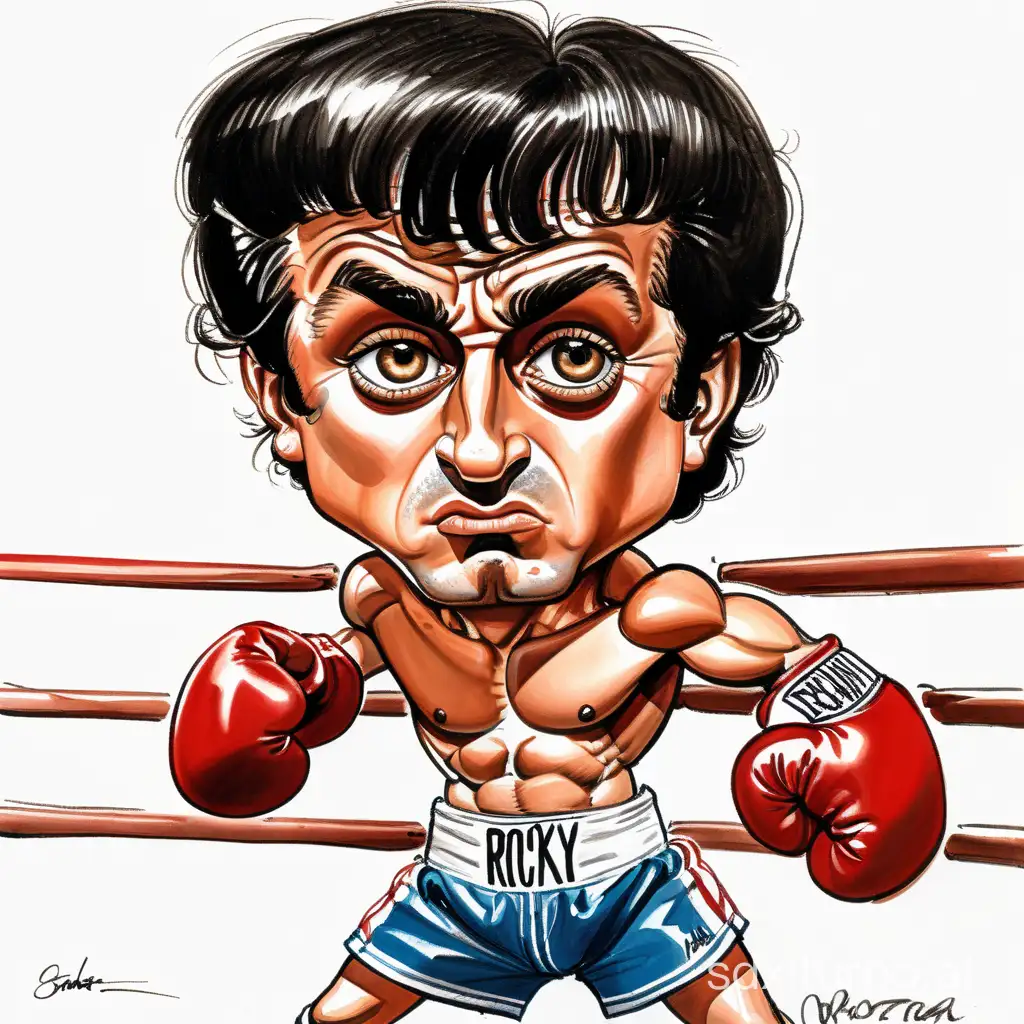 Caricature of young Sylvester Stallone as Rocky in the boxing ring