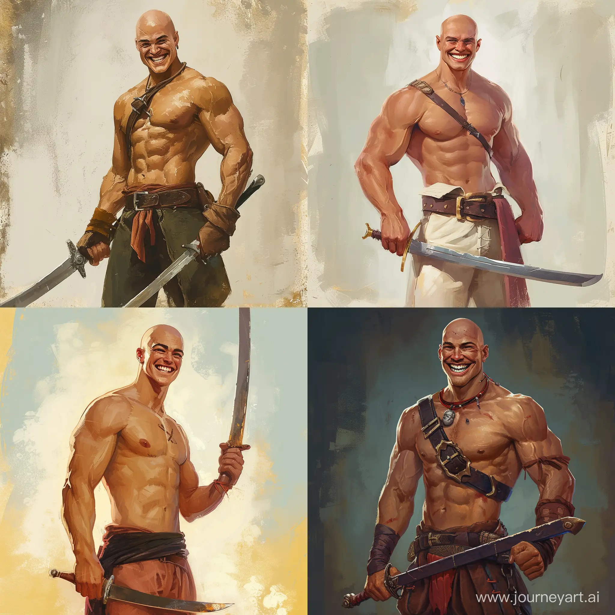 A very musculas smiling young  man,bald, illustrative, pirate, character concept art, color, confident , full body standing, holding a sword
