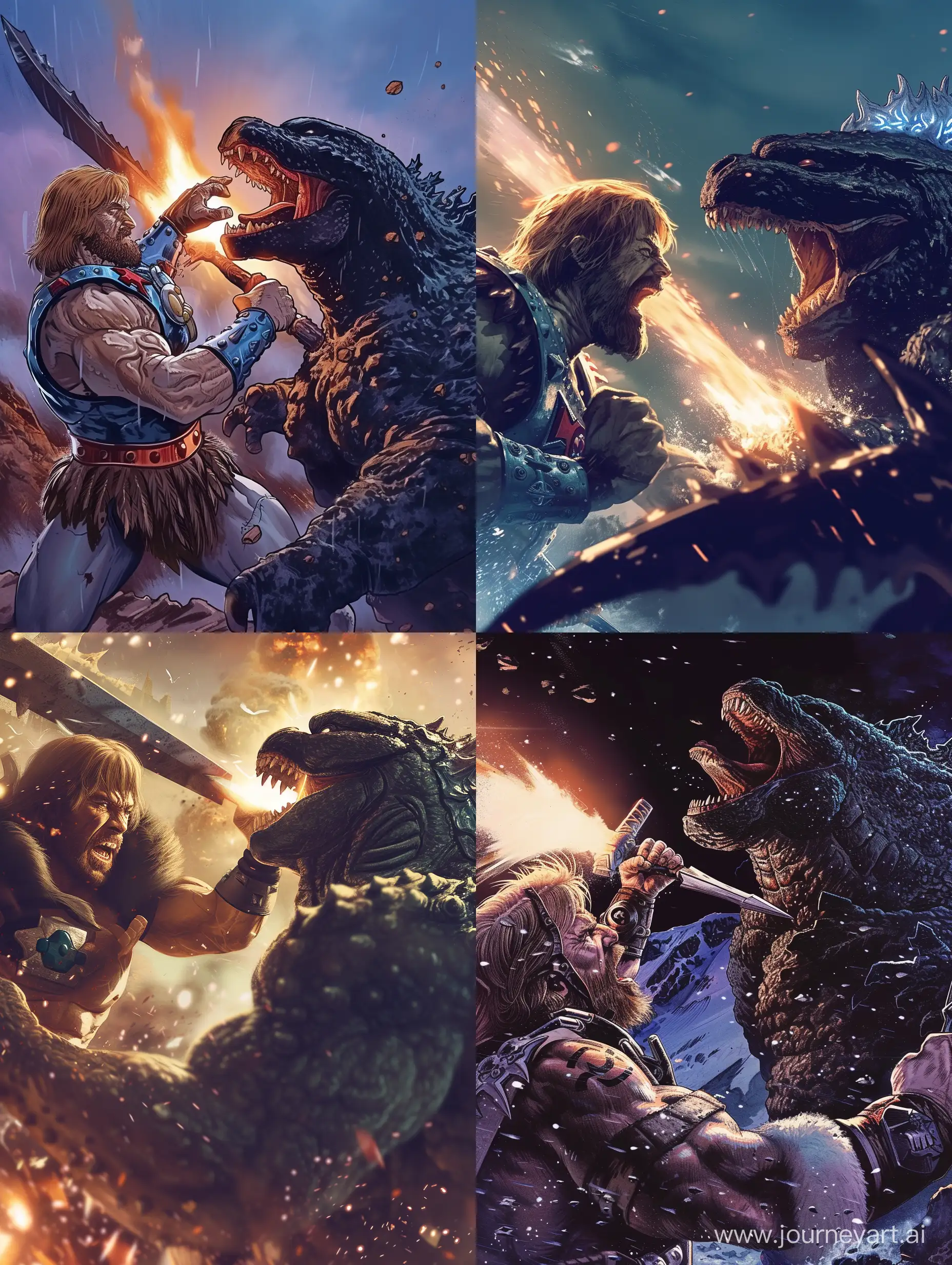 he-man con la cara de chuck norris peleando contra godzilla