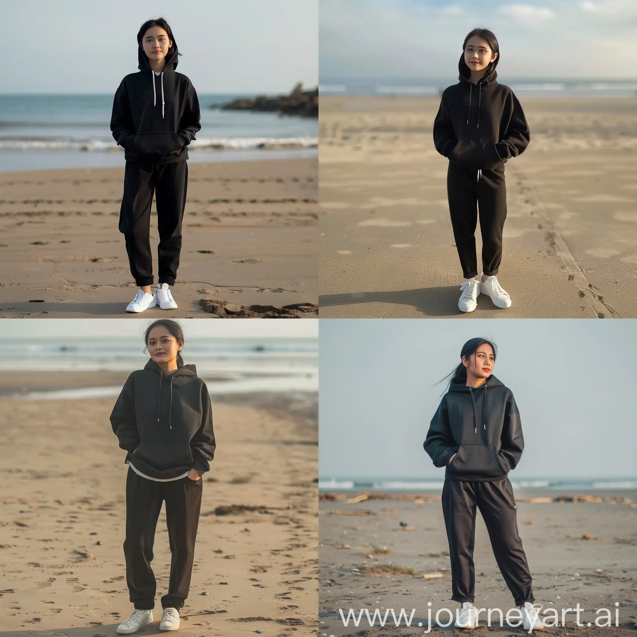 Young-Indonesian-Woman-Smiling-on-Beach-in-Black-Hoodie
