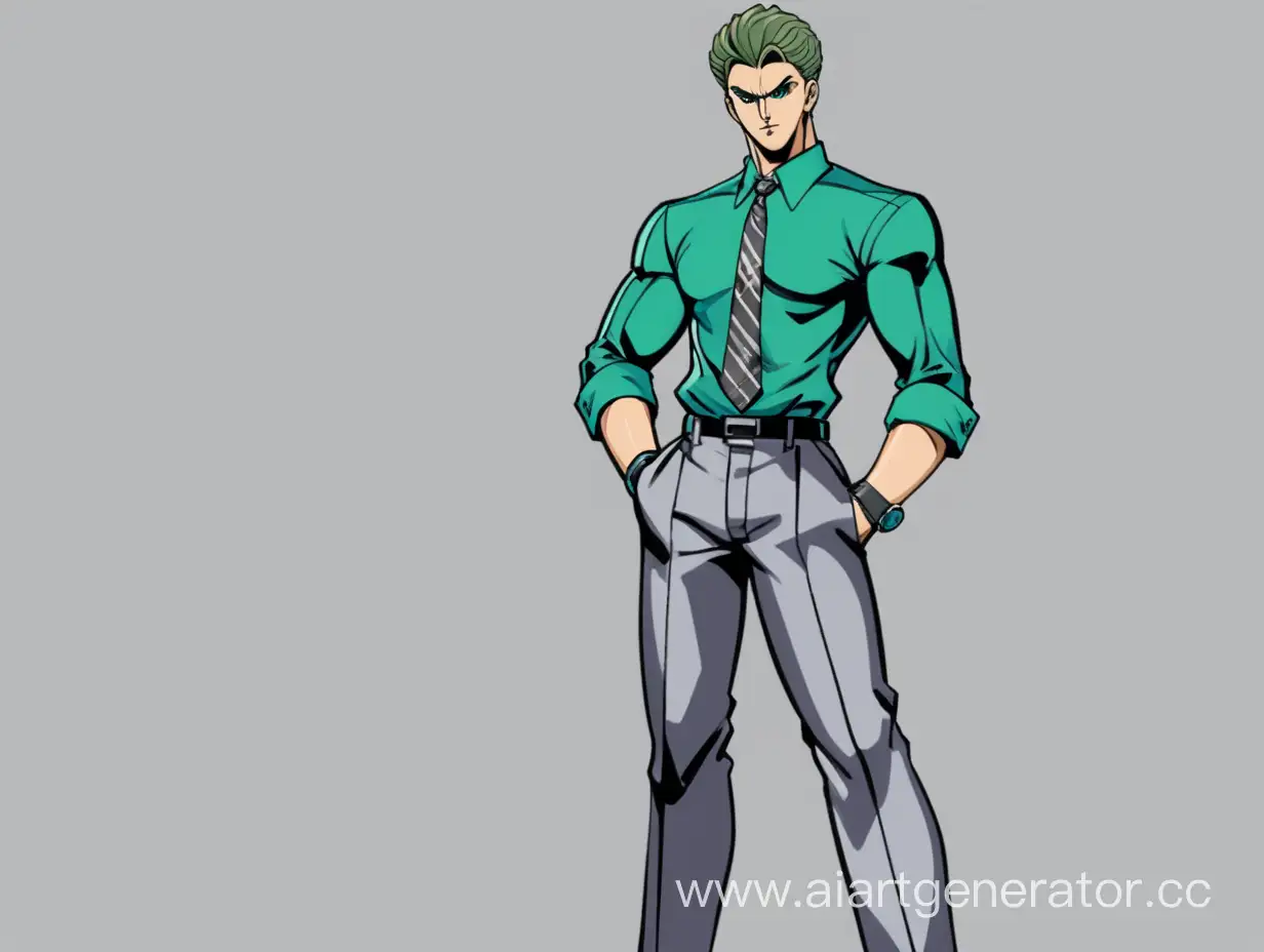 Stylish-JojoInspired-Character-with-Short-Bronze-Hair-in-Green-Shirt-and-Gray-Tie