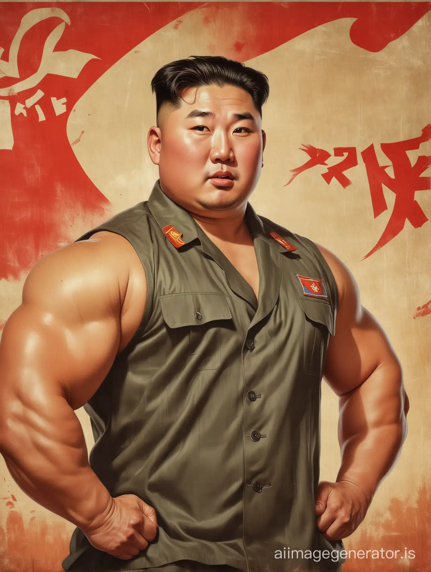 Portrait of Kim jong un as a muscly bodybuilder in the style of a vintage North Korean communist propaganda poster, pointing at the camera