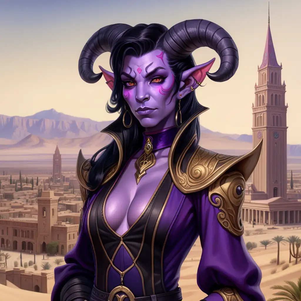 Tiefling woman with purple skin. Black hair with "small black horns".
Mayor clothes that are black with gold stitching.
Looks stern but friendly. Looks 35 years old. Fantasy setting.
Desert city background with town hall.