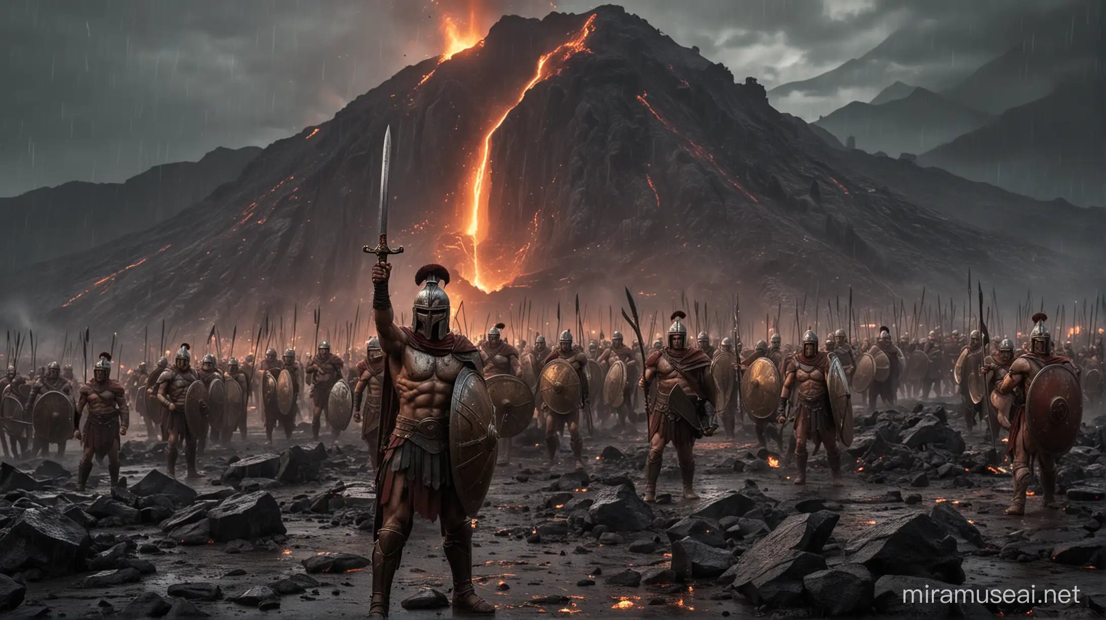 on a rainy night a Few Spartans warriors at the edge of high-level grounds, holding their shields and spartan swords. in the middle you can see only one of them doing his victorious pose with his sword up in the air. Is seen the defeated army on the low-level grounds while the volcano is erupting lava down the mountain in the background.