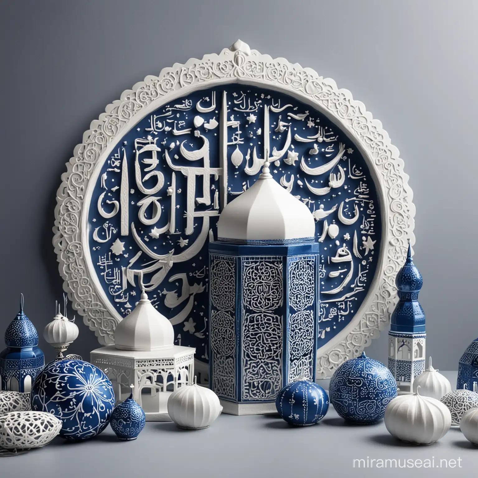 Eid al Fitr Celebration with Blue and White Islamic Decorations