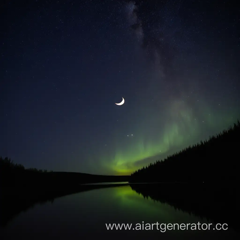 Starry-Night-Reflections-Tranquil-River-under-the-Crescent-Moon-and-Aurora