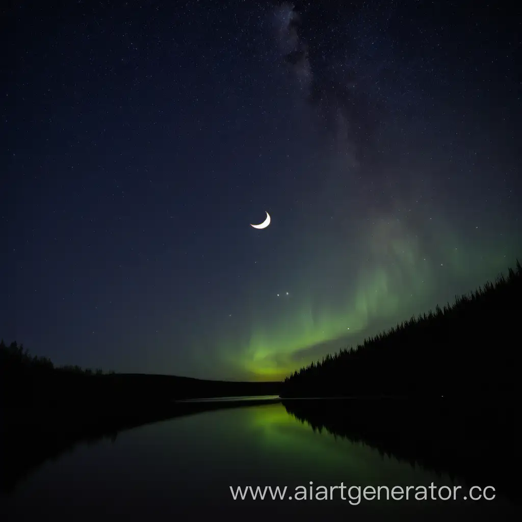 静谧之夜，正是星芒繁耀，弦月挂银河，极光悠悠长延，脚下河流映星月