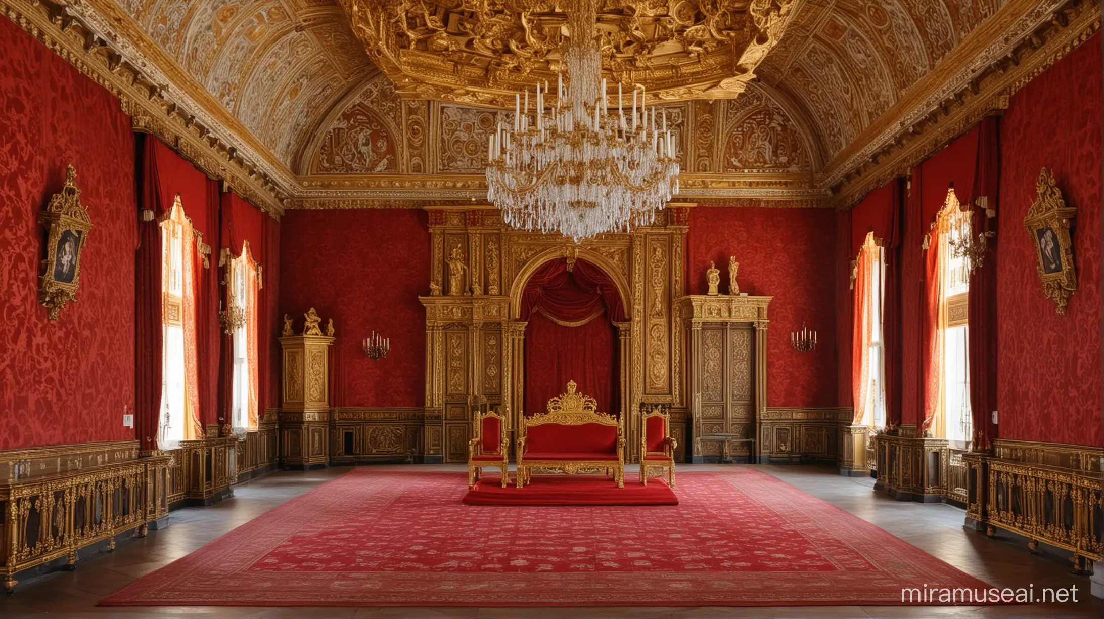 a rich throne hall decorated in shades of golden and red. It should remind if queen elizabeth I's time 