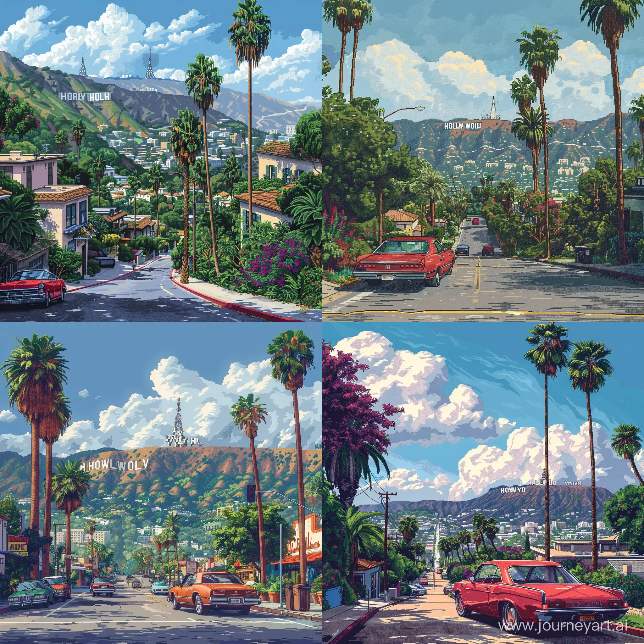 Hollywood View Illustration in 8-bit Pixel Art Style, Day Time, Retro Color Details, Extremely Details --s 500