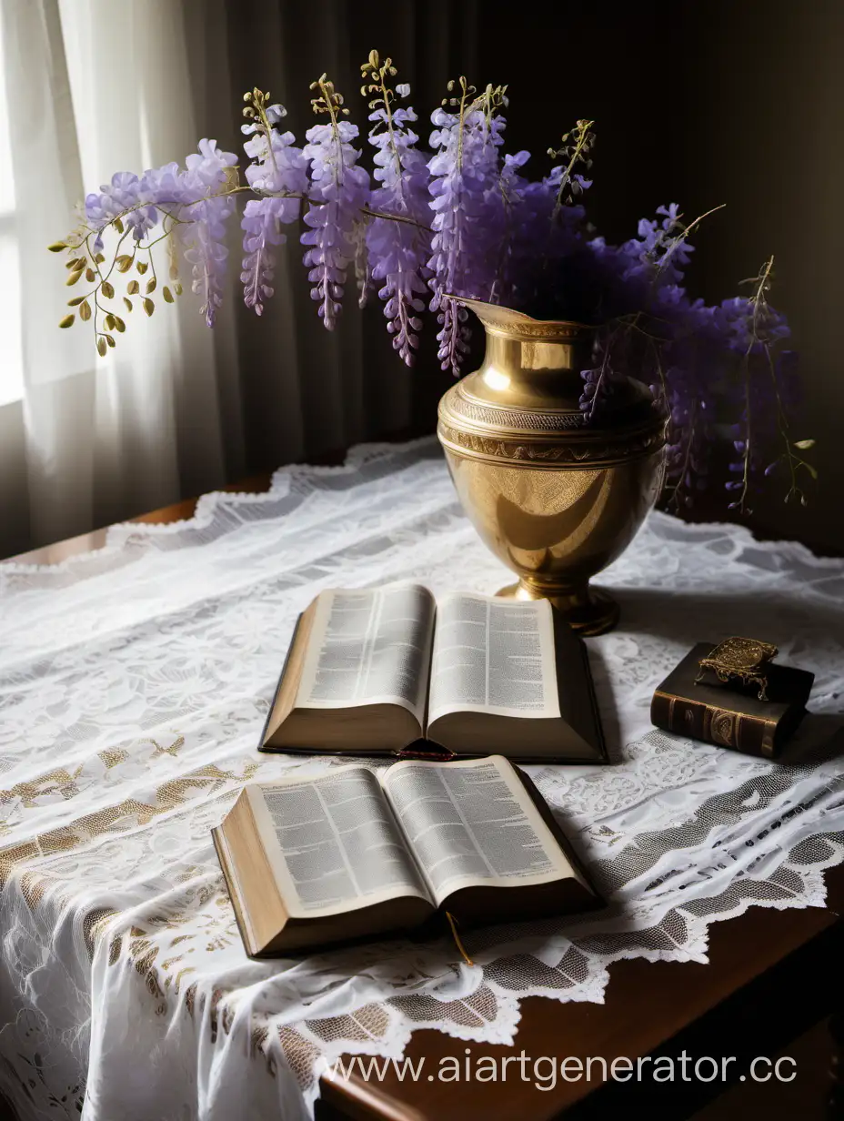 Serene-Setting-Open-Bible-and-Wisteria-Vase-on-White-Lace-Tablecloth