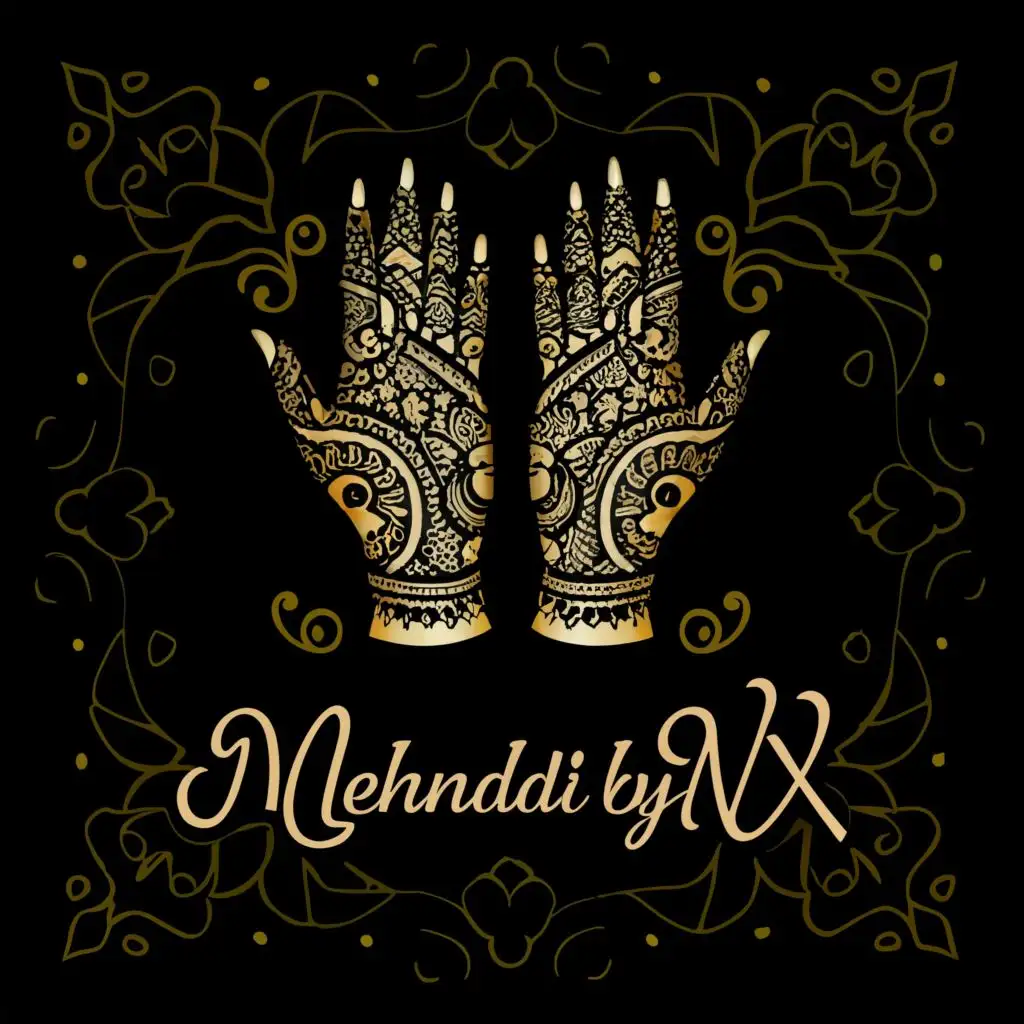 a logo design,with the text "Mehndi By Nx", main symbol:Realistic hands with henna on them, gold and black theme cute pfp,complex,be used in Events industry, little designs in the background