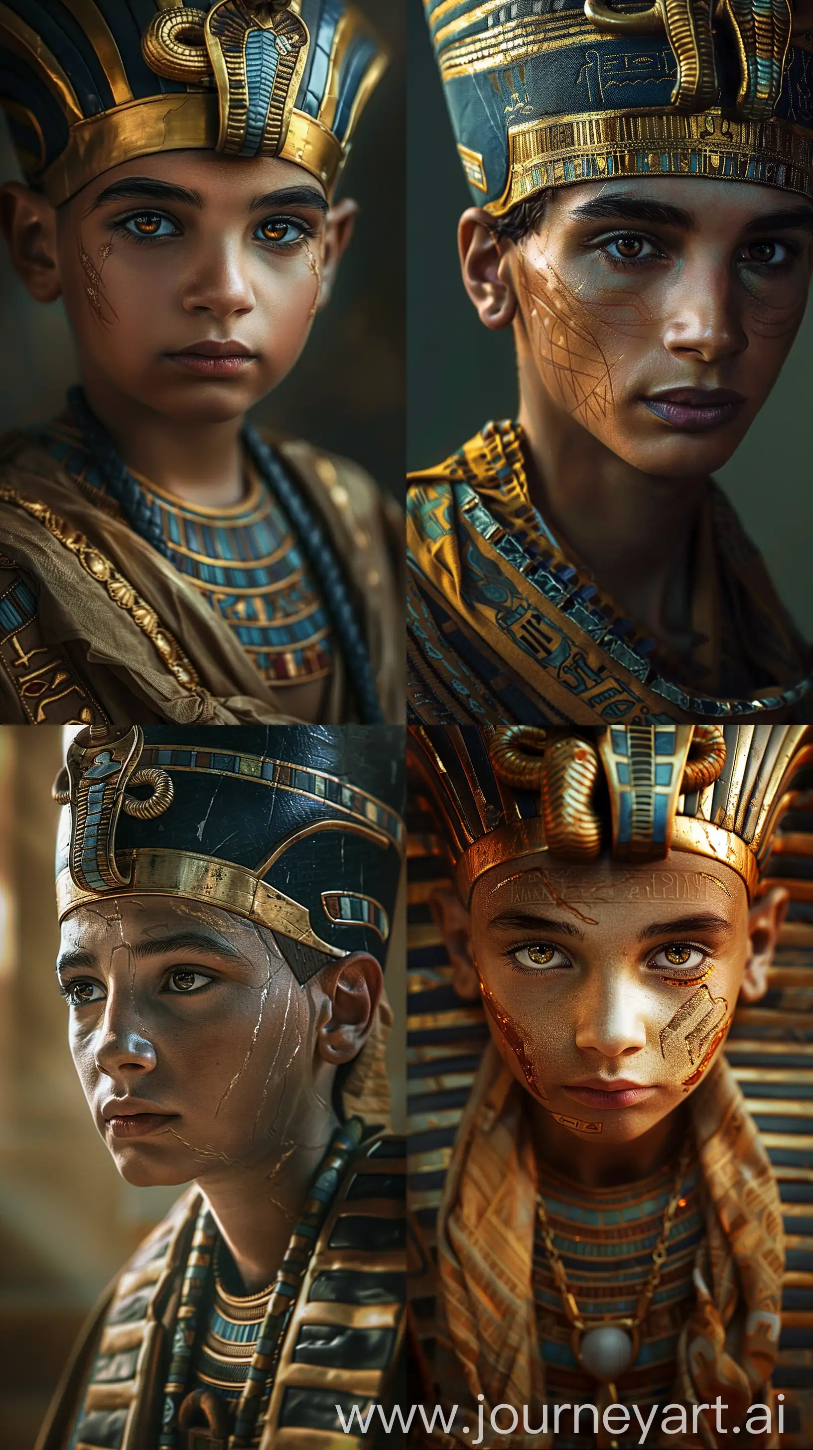 Portrait of 15 years old pharaoh Tutankhamun, depicted in pharaoh clothes, pharaoh headdress, brunette, no hair, no eyebrows, ancient egypt, dramatic lighting --ar 9:16