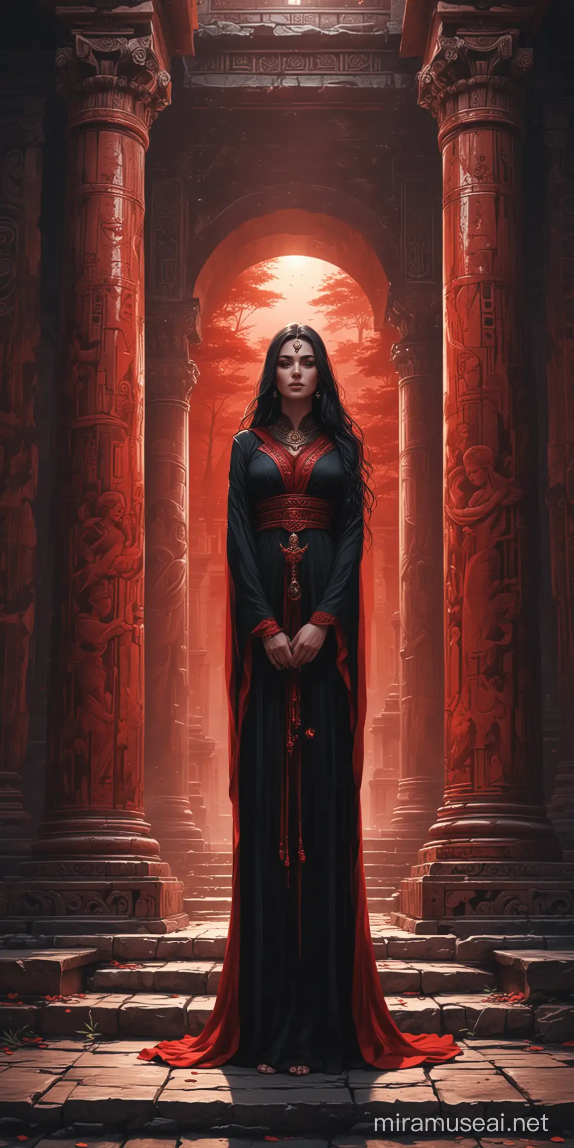 vector art of mystical fantasy priestess dressed in black robes higlighted in red standing outside in front of an ancient temple
