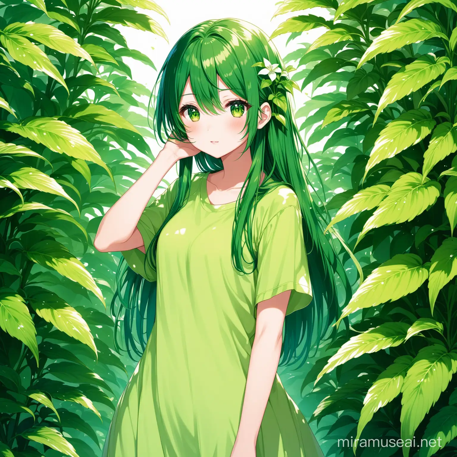 Adorable Anime Girl Surrounded by Lush Greenery
