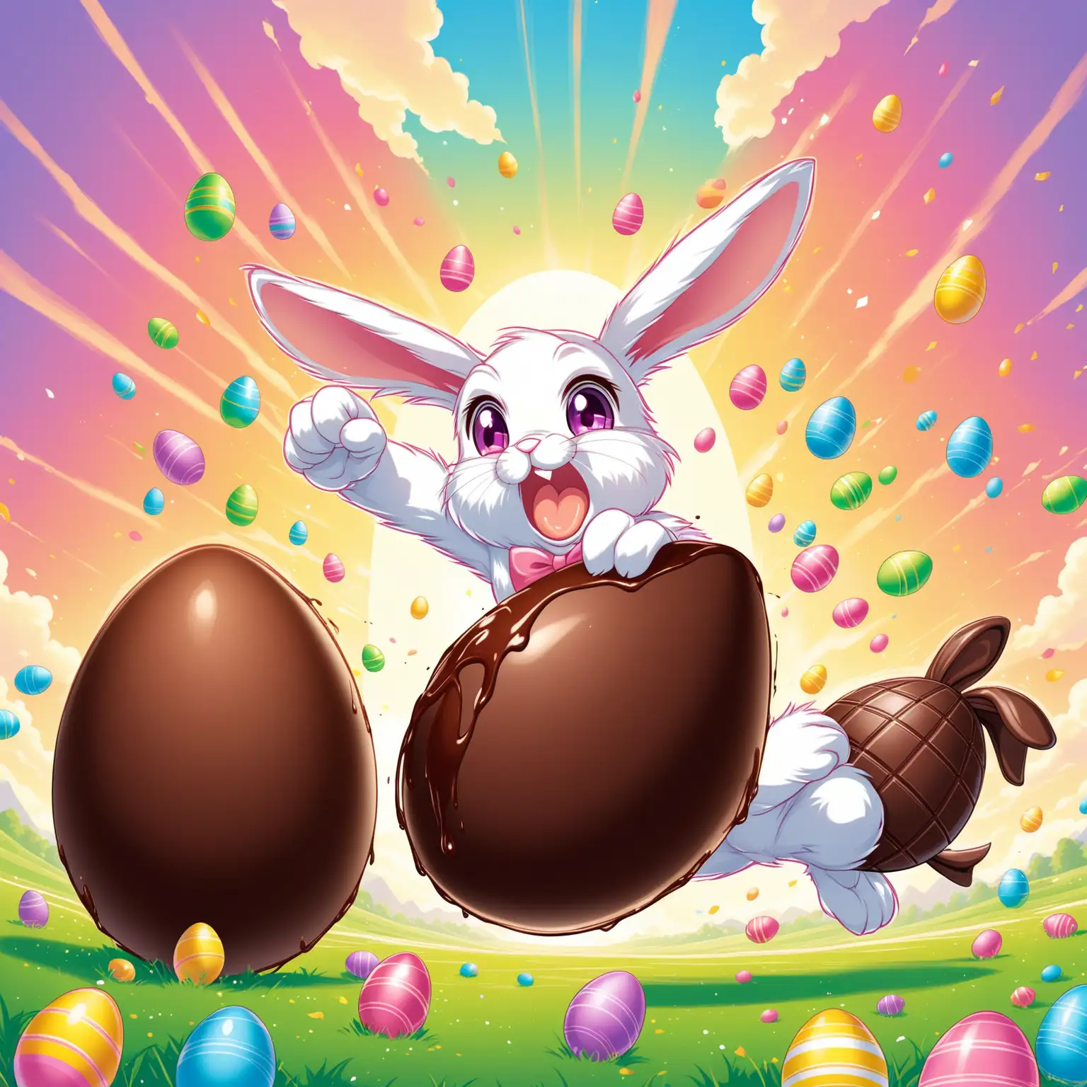 The Easter bunny fighting a big chocolate Egg