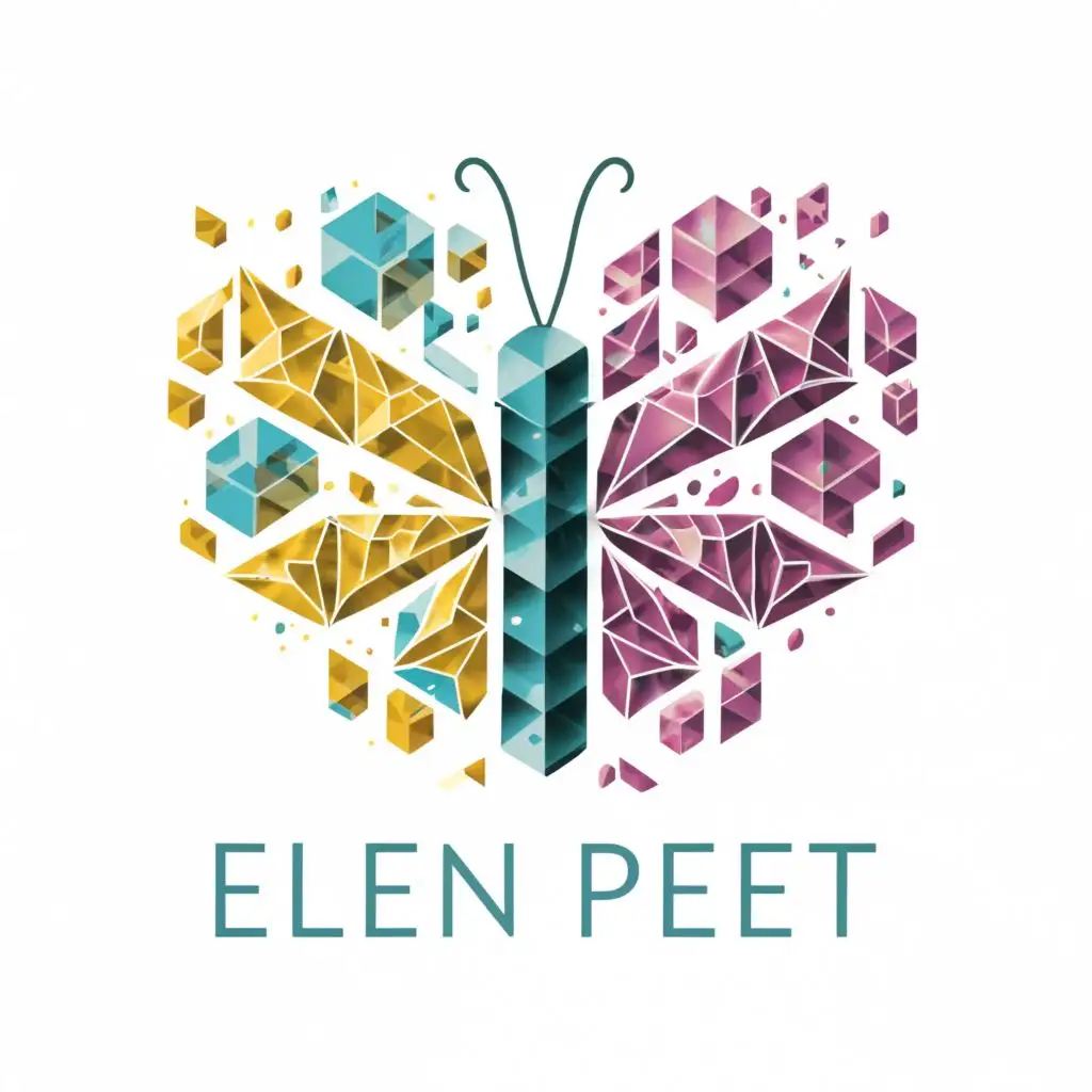 logo, Butterfly combined with the name, make the butterfly hexagonal/blocky style. make it in palet colors with a focus on pink, white and yellow hue's. make it vibrant and alive, with the text "Elien Peet", typography