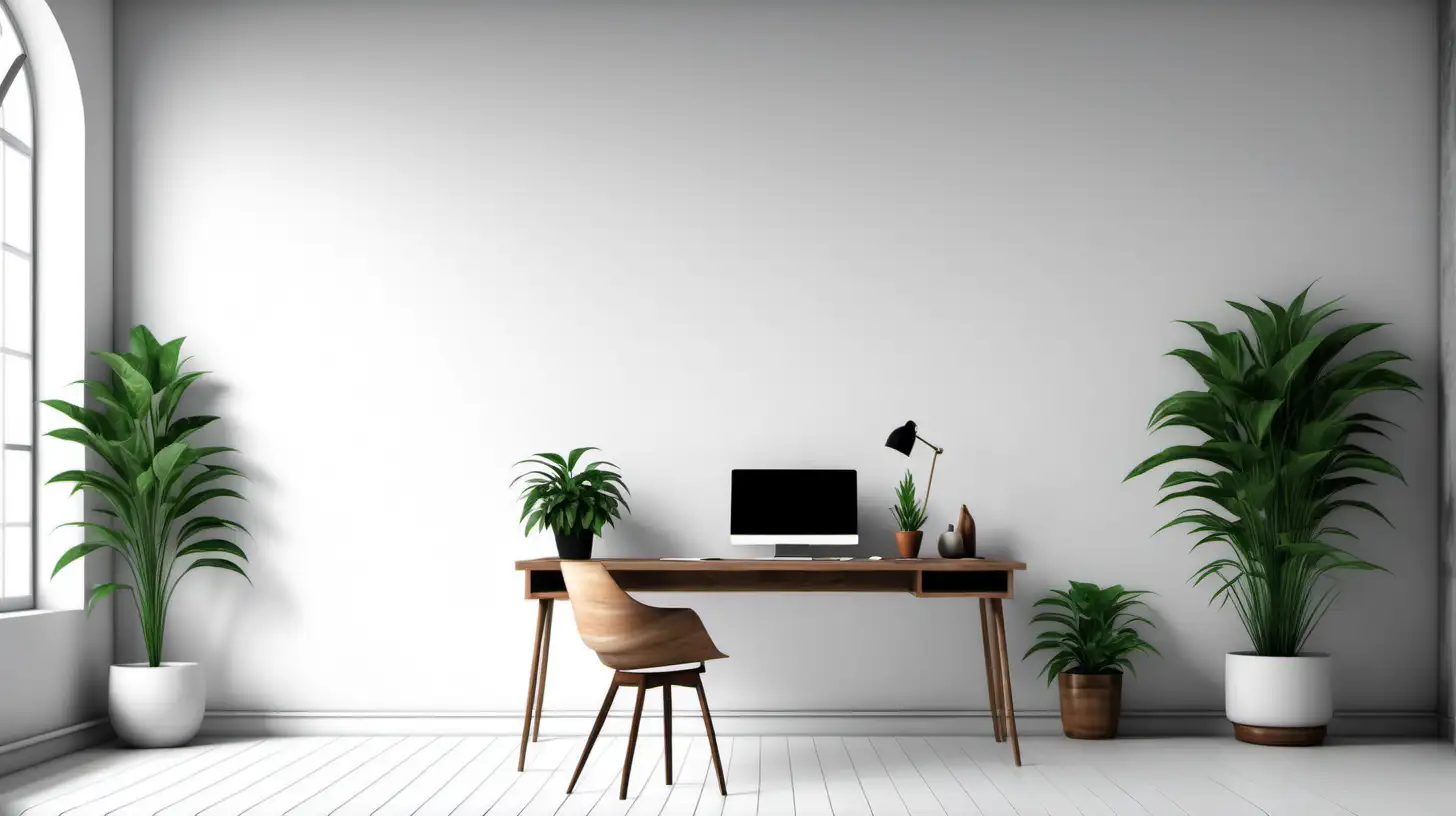 Big empty wall. Desk and plants. Artistic and minimalistic.