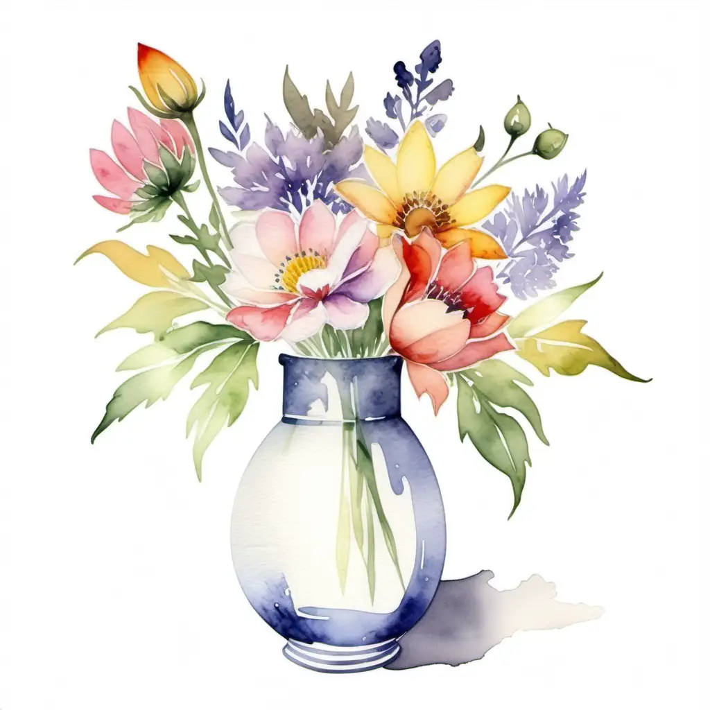 Beautiful high quality watercolour image of flowers in a vase on a white background