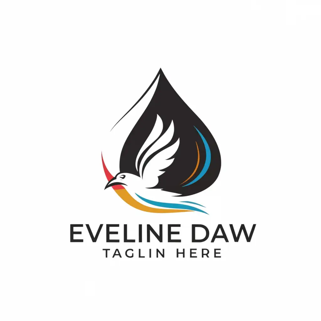 a logo design, with the text 'Eveline Daw', main symbol: white crow inside dark water droplet as stylized ink brush lines with colored text, Minimalistic, to be used in Entertainment industry, clear background