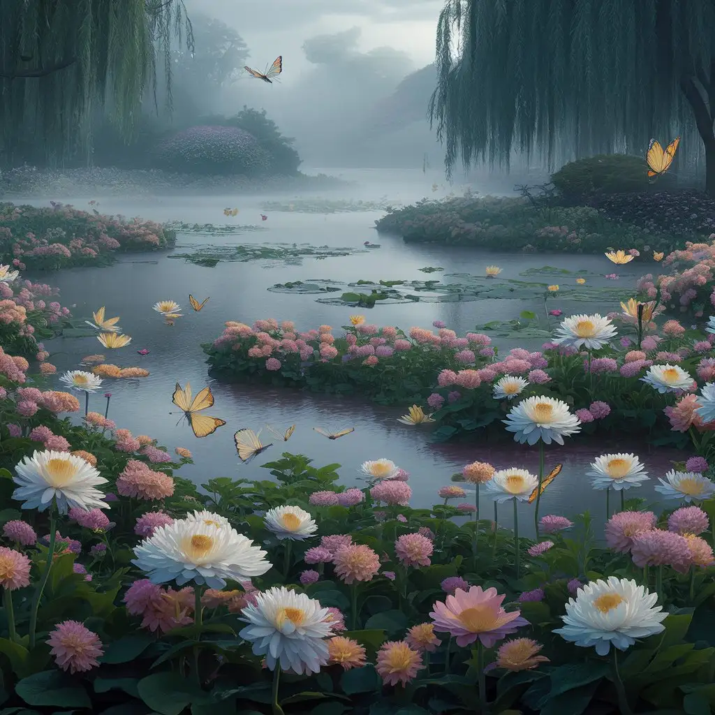 A garden full of flowers shrouded in fog. There is a lake with lily pads in the water and weeping willows around it. Butterflies fly over the flowers.