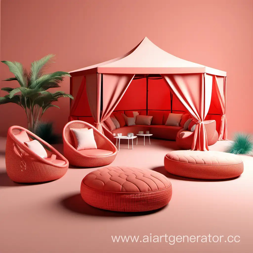 брендированная зона отдыха на улице, коралловый цвет, 3D модель комнаты в разрезе  кушетками, подушками и стульями и пуфиками, шатер