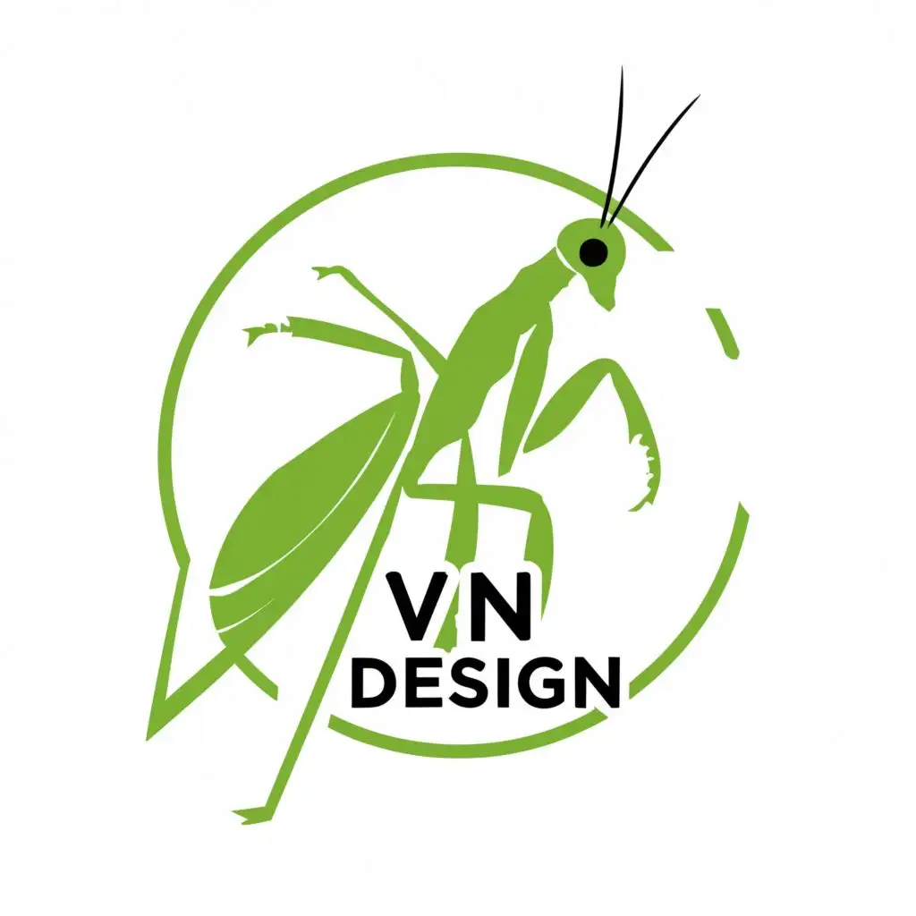 logo, praying mantis small, with the text "VN Design", typography