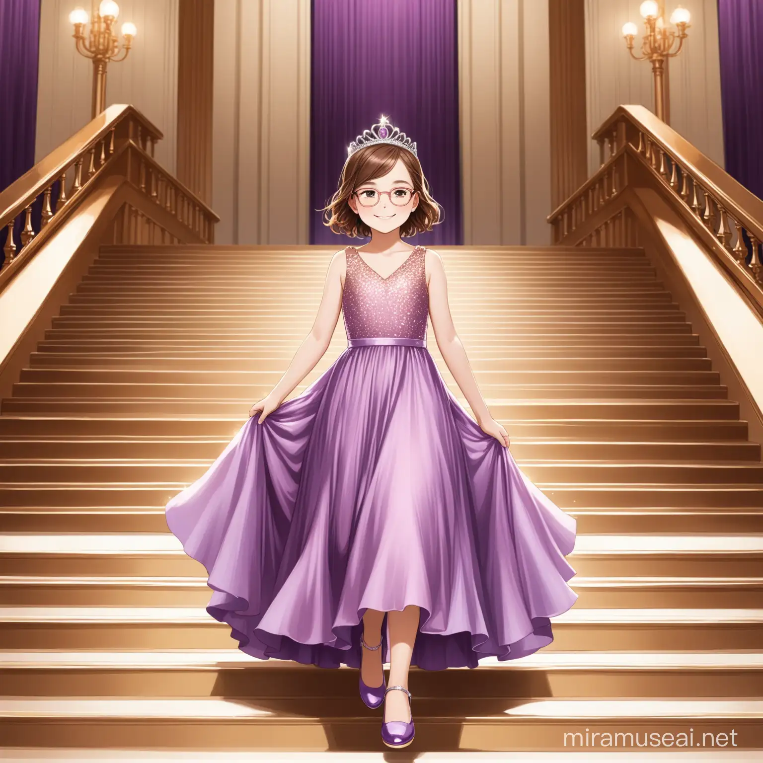 12 year old girl, short brown hair, brown eyes, rose gold glasses, smiling, sleeveless purple evening gown, silver tiara, purple shoes, walking down a grand staircase