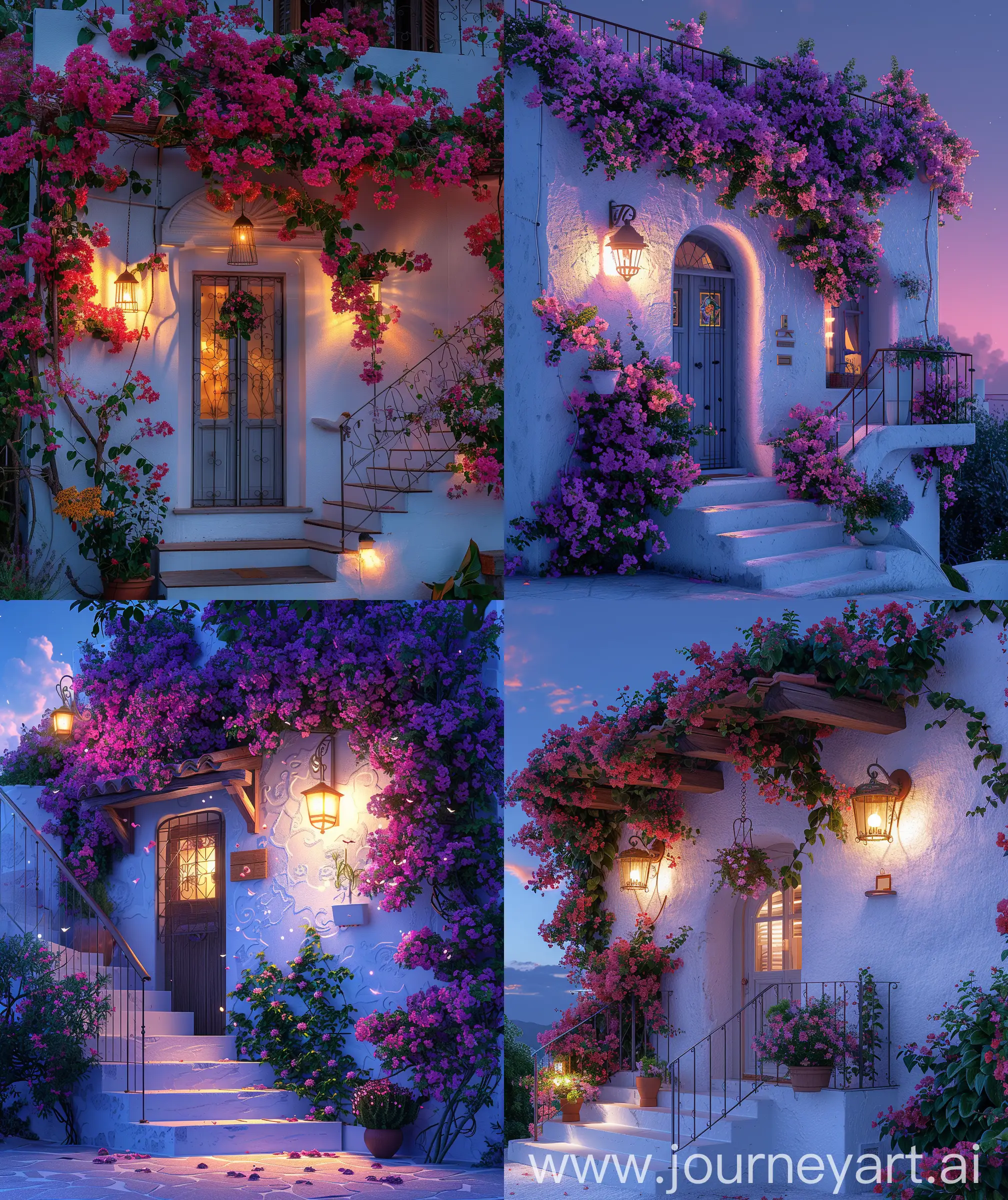 Anime scenary,mokoto shinkai and ghibli scenery mix, direct front fecade view of beautiful white small house, front door decorate with bougainvillea flowers, small stairs hanging wall lamp, evening and night starting, window, ultra HD, high quality, sharp details, illustration, no hyperrealistic --ar 27:32 --s 400