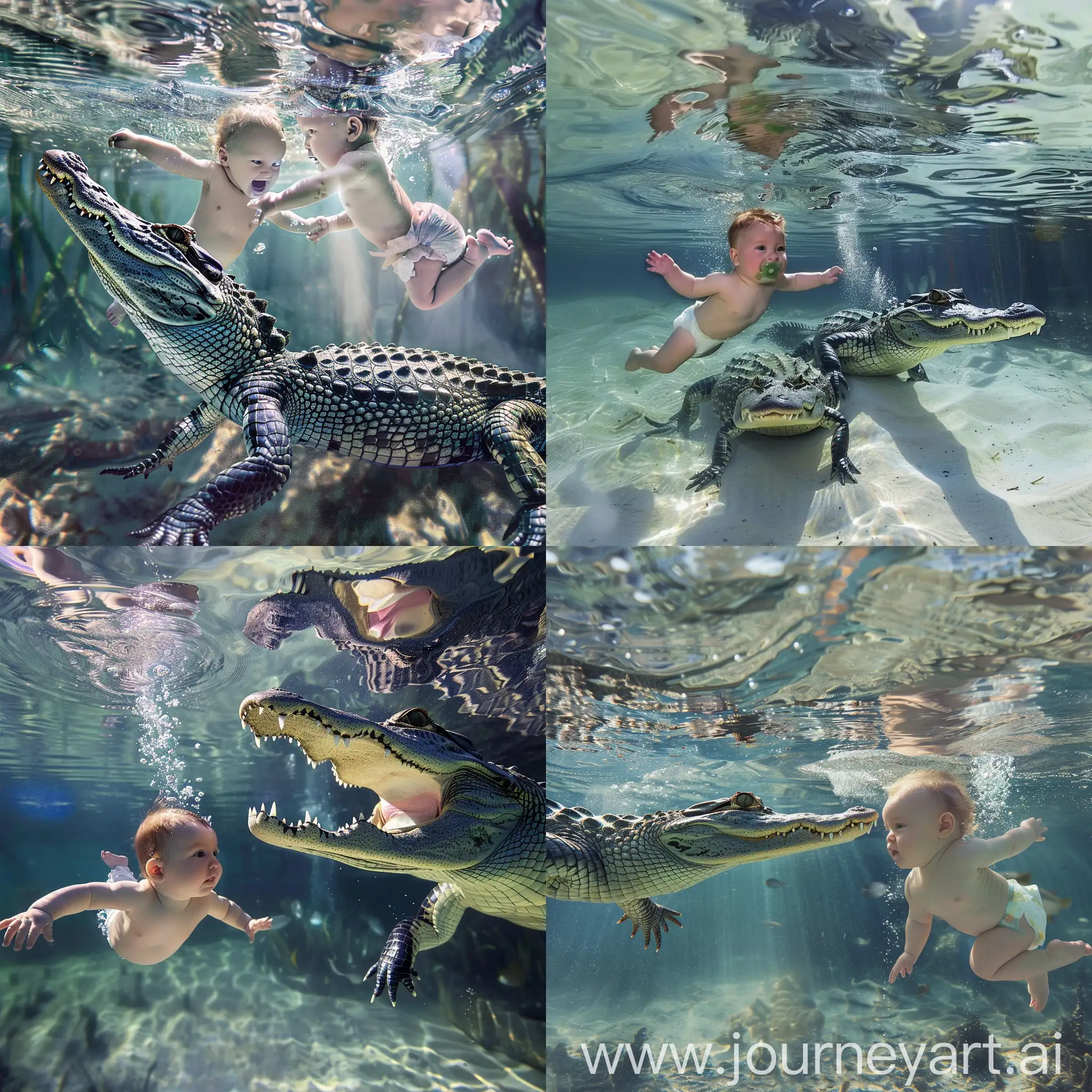 A human baby swims underwater with an alligator --v 6