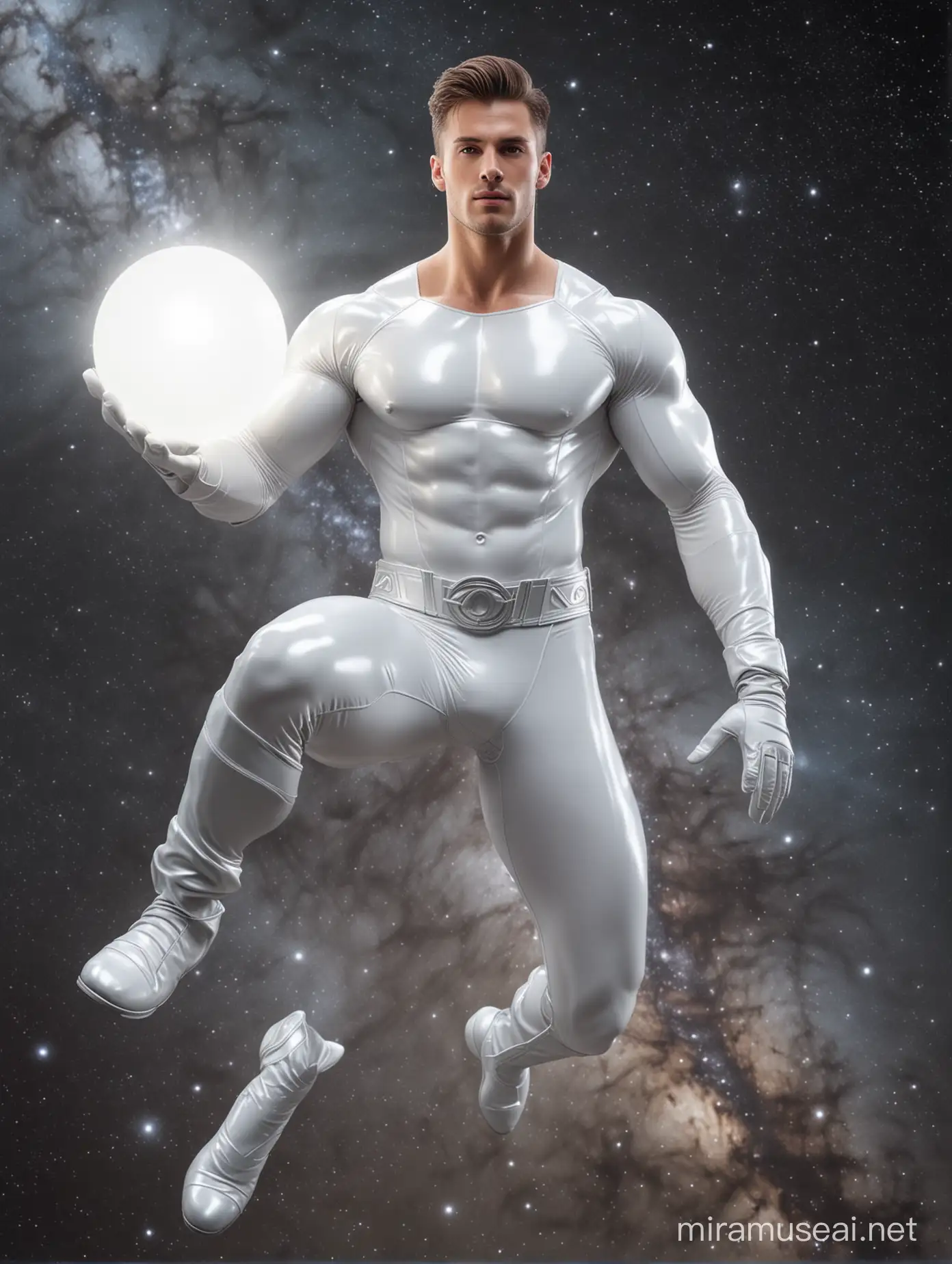 full Full body photorealistic ulra realism of picture of handsome hunky White Lantern wearing a white and silver latex spandex and gloves flying . Space and milky way as background
