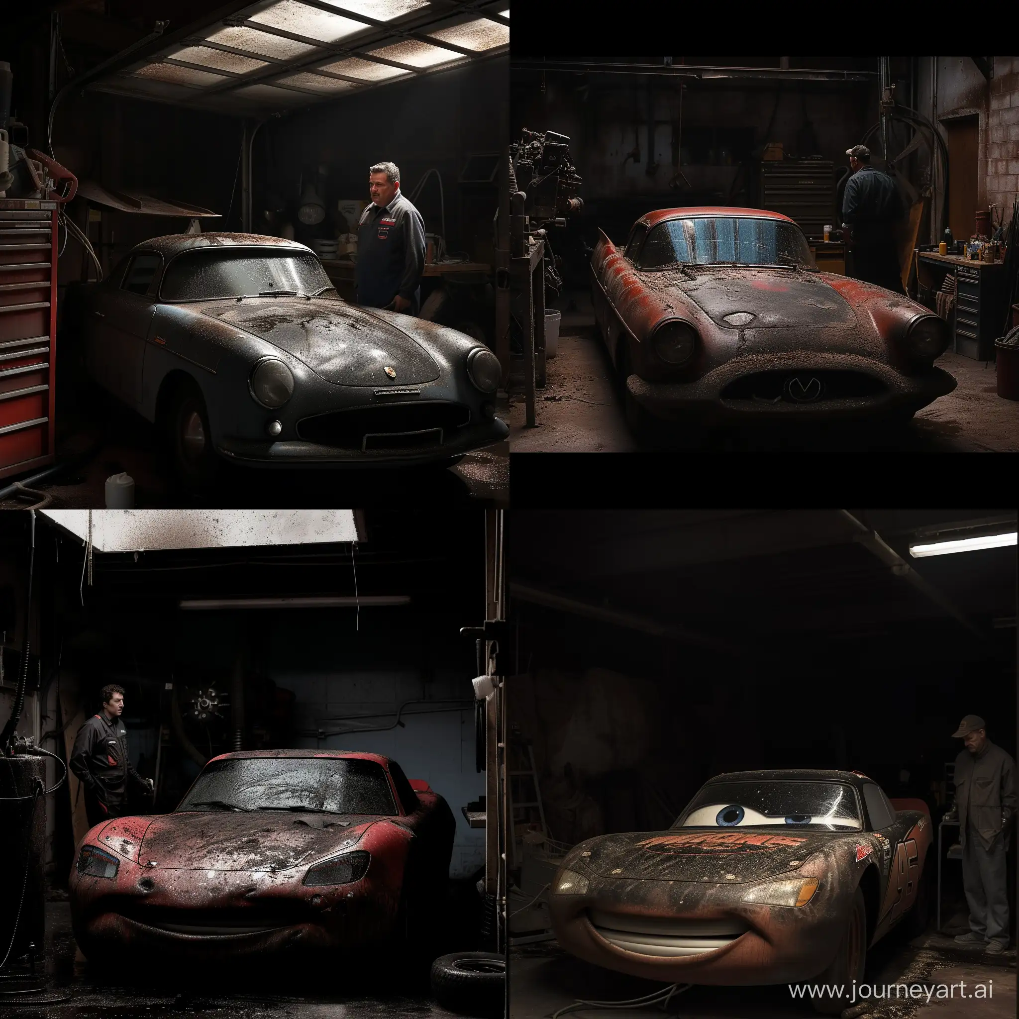 Lighting McQueen стоит в очень темном гараже с черным лобовым стеклом весь старый а рядом стоит механик