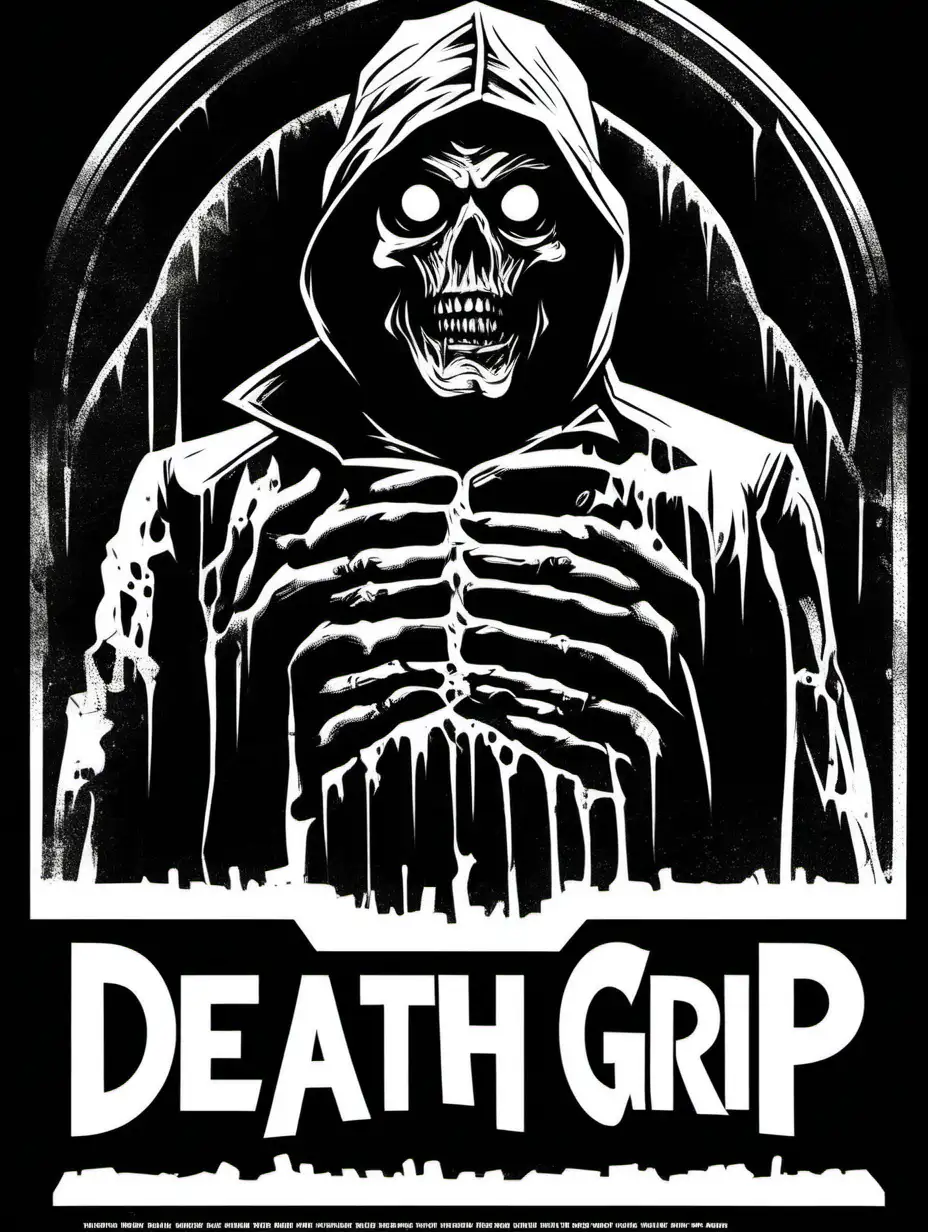 1970s sci-fi grindhouse horror movie poster 'Death Grip', in the style of Jim Phillips, black and white, stencil, minimalist, simplicity, vector art, negative space, isolated on black background --v 5.2