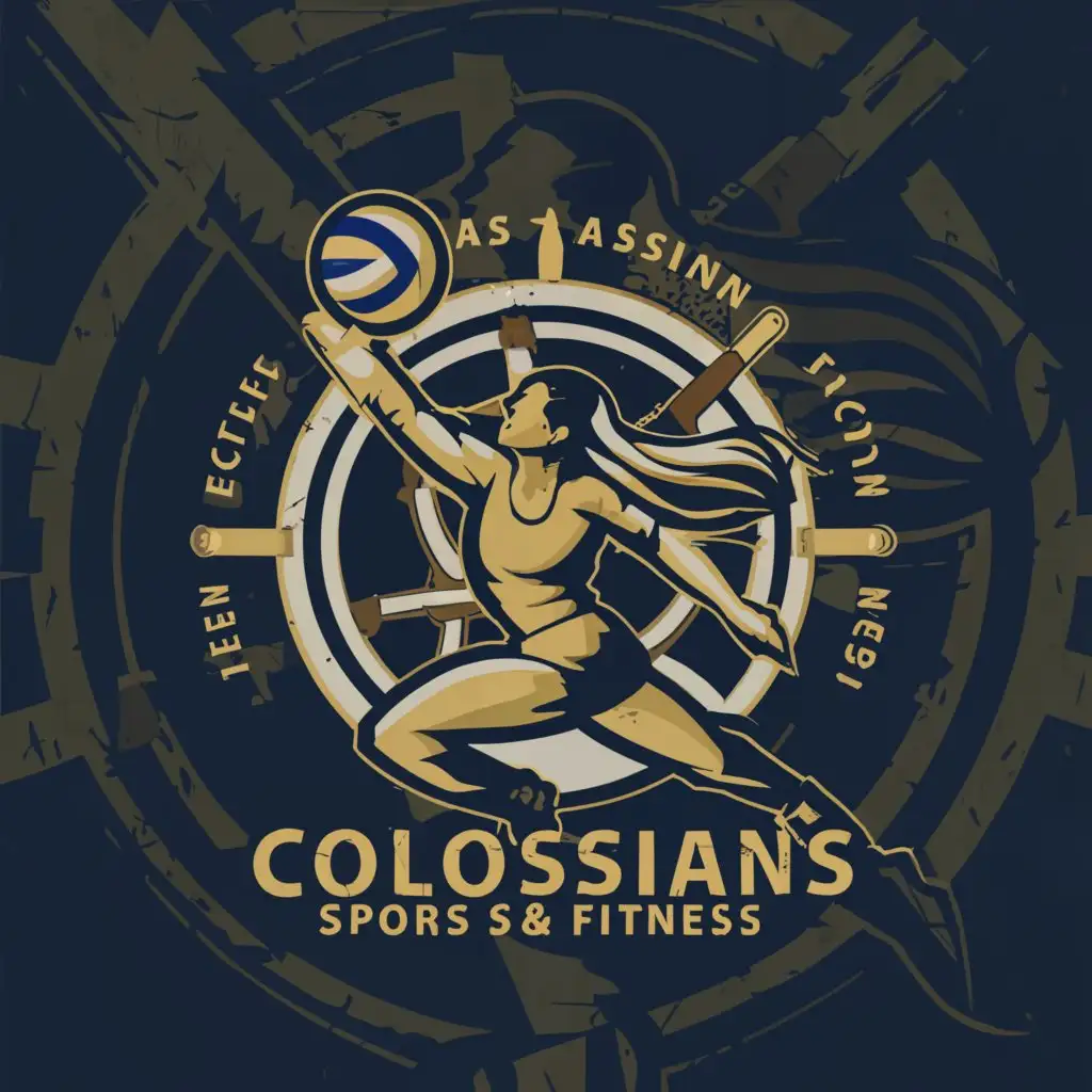 a logo design,with the text "Stalwart Colossians", main symbol:girl spiking volleyball with ship steering wheel in background, and torch in background,complex,be used in Sports Fitness industry,clear background