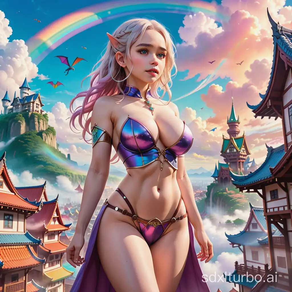 Busty gyaru dark elf mage Emilia Clarke,pantsu shot,underboob,isekai like,V,🫶,stands at the entrance to a huge fantasy city located in the clouds,the city is surrounded by a magical barrier,colorful houses,many clouds around,a rainbow,wyverns and dragons flying,style raw,realistic photograph,cell-shading.