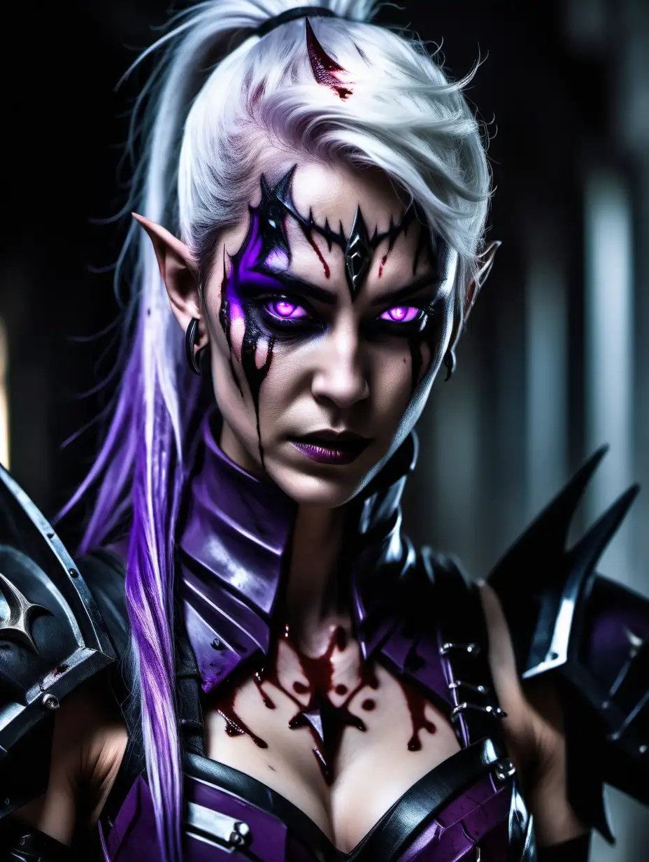 Drukhari Female Warrior in Striking Black and Purple Armor