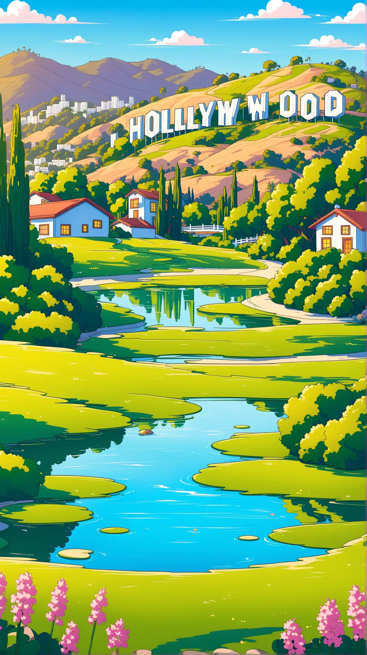 cartoon hollywood hills, pond foreground